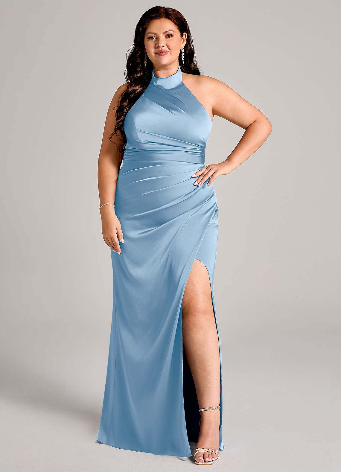 Azazie Jemma At-home Try On Dresses Amethyst Sheath Pleated Stretch Satin Dress image9