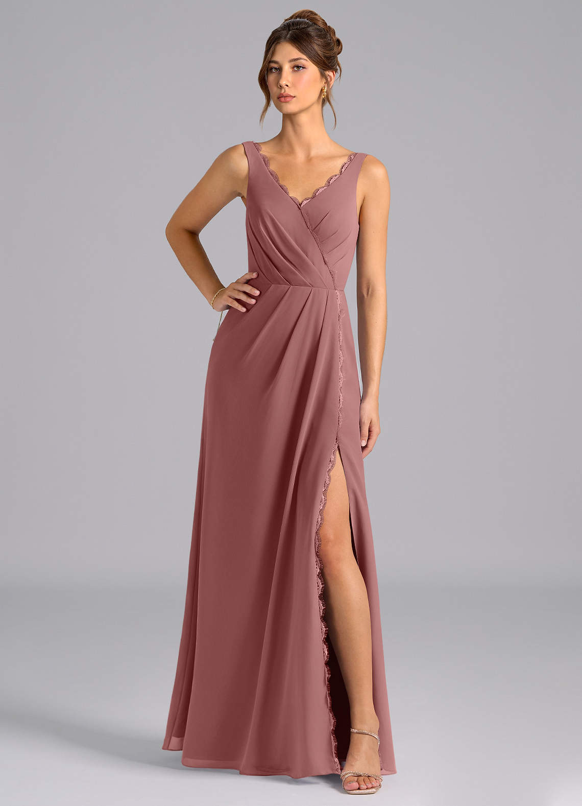 Azazie Bernice Brautjungfernkleider A-Linie Plissee Chiffon Kleid Wüstenrose image1