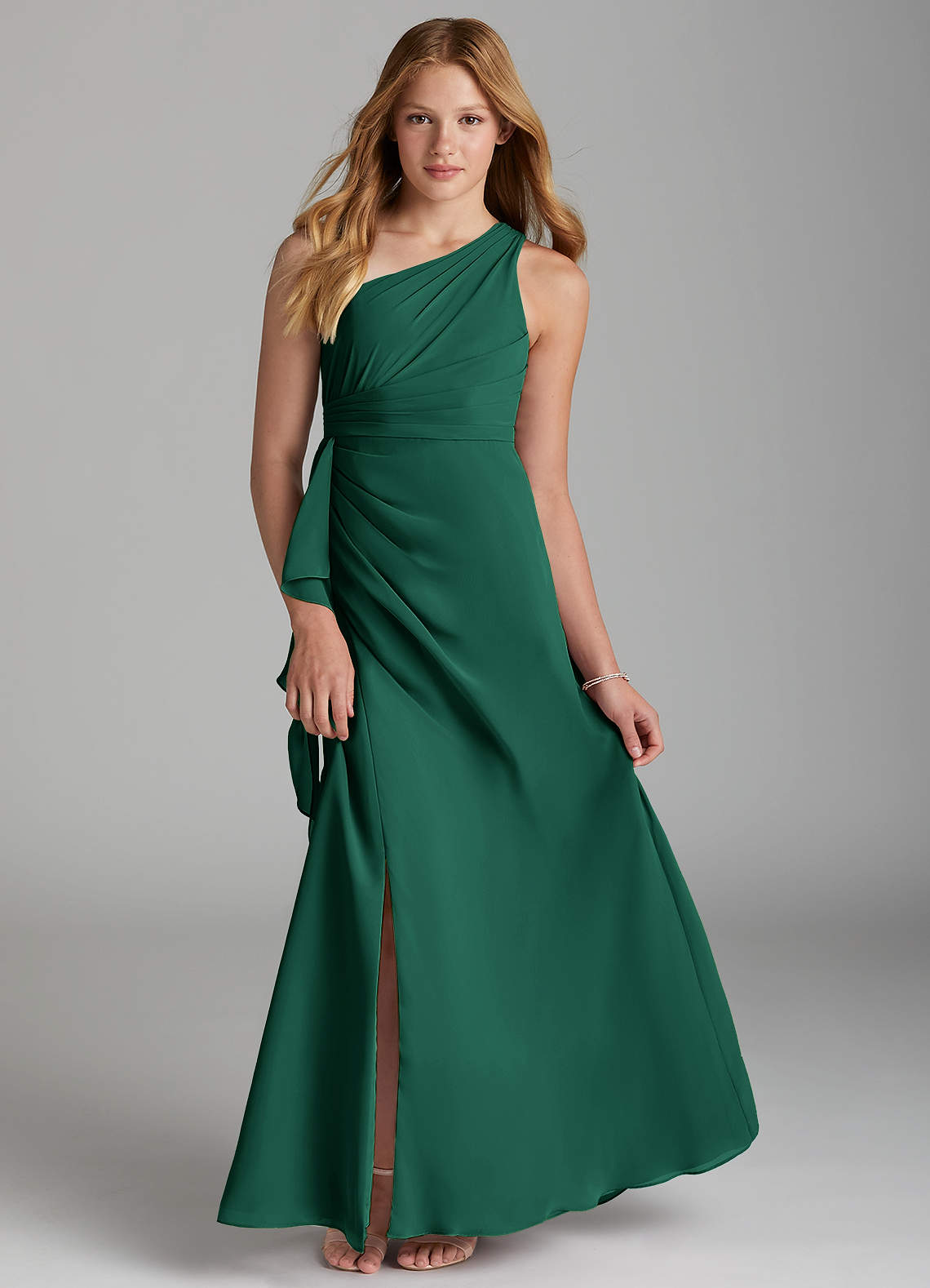 Azazie Maive Junior Emerald A-Line Pleated Chiffon Dress image1