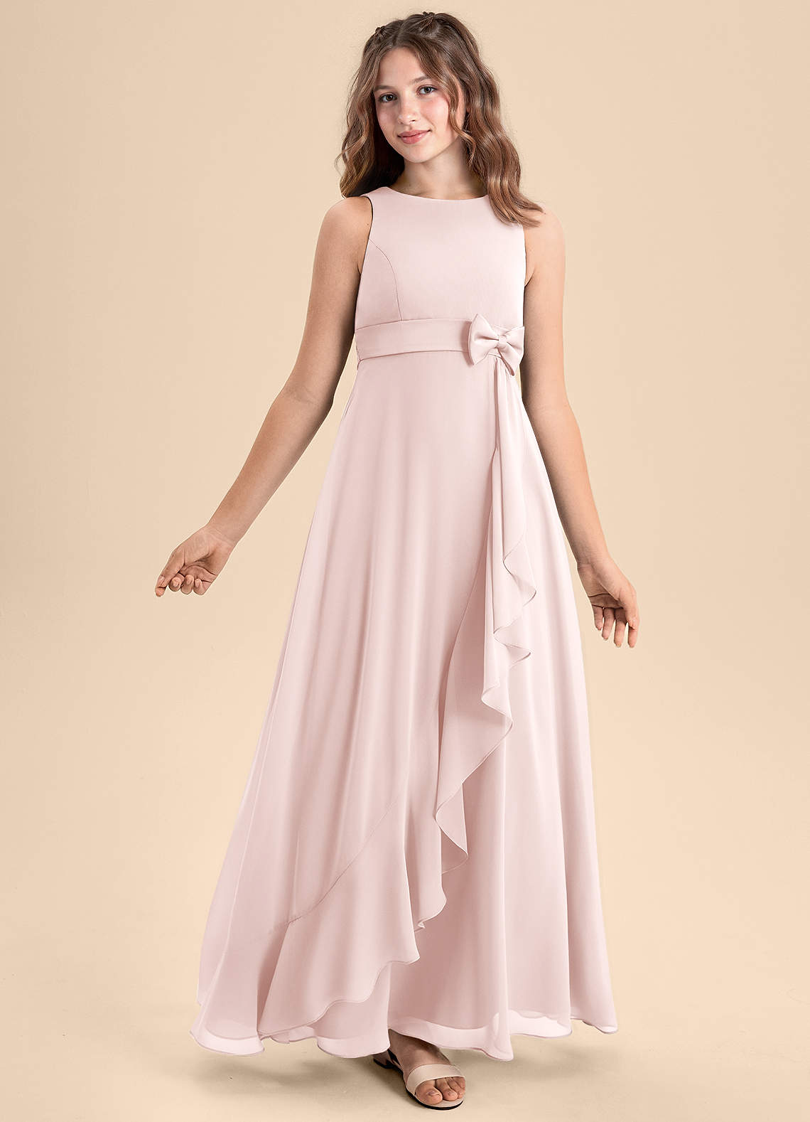 Azazie Lilenne Junior Blushing Pink A-Line Bow Chiffon Dress image1