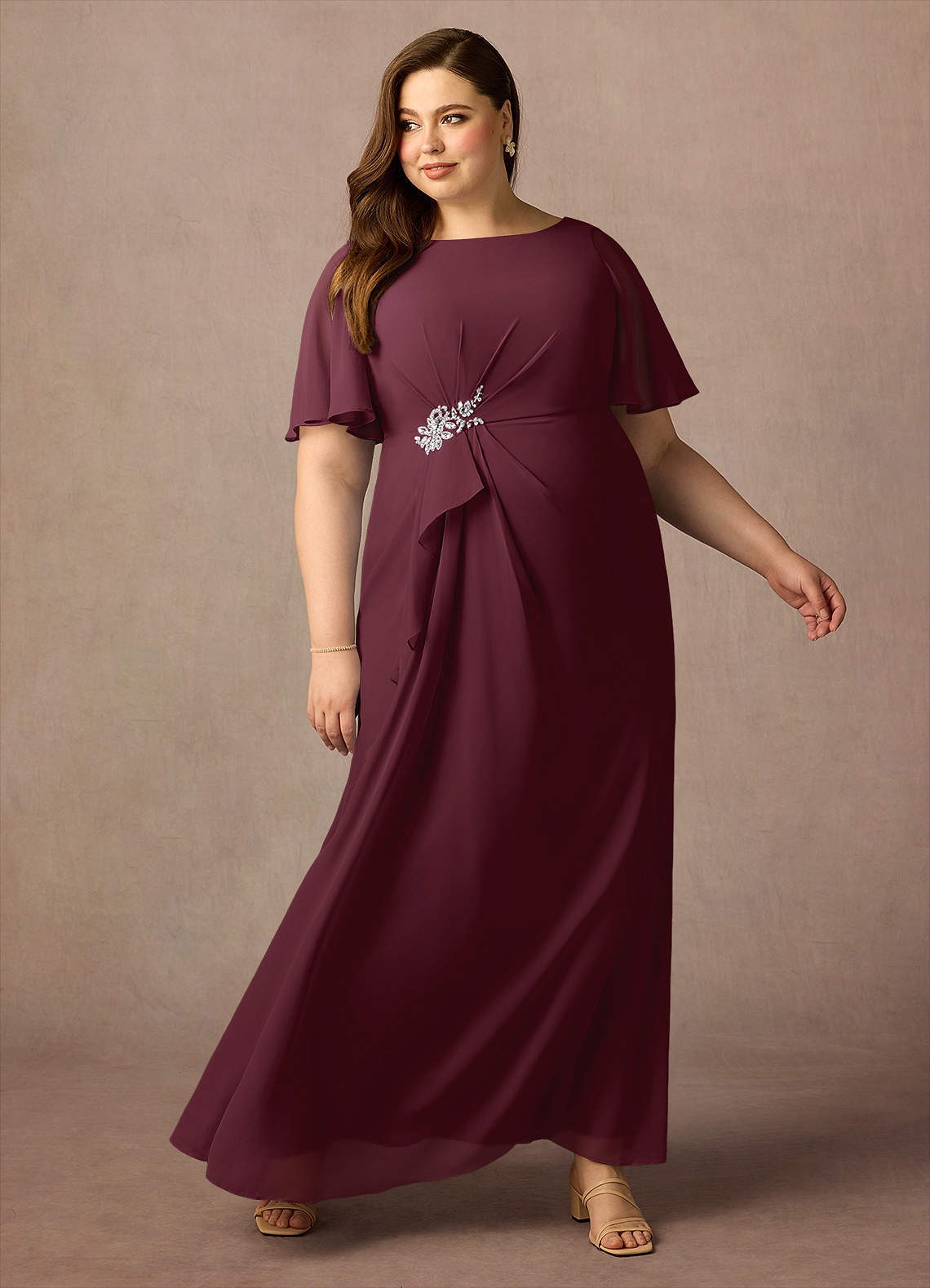 beaded silk chiffon dress Luxury Purple V-Neck Beaded Chiffon Evening Dress with Cape Sleeves SS053