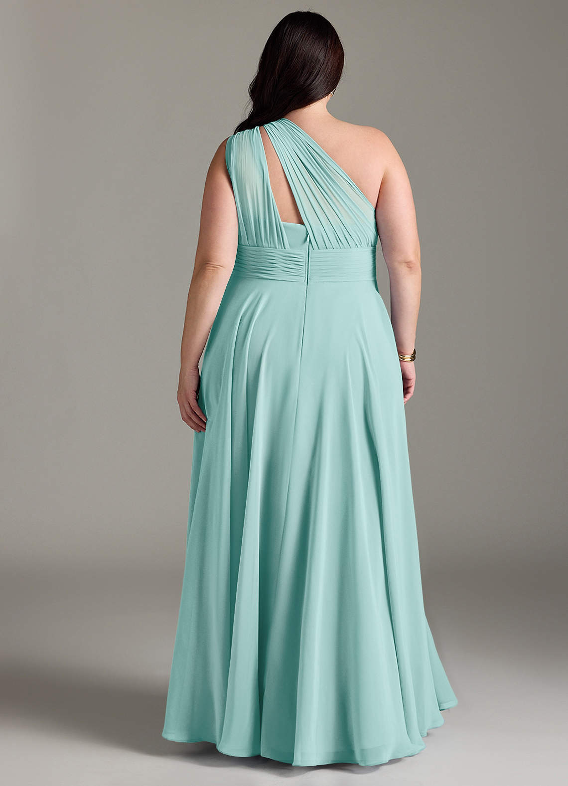 Azazie Charlize Vestidos de damas de honor Vestido de Aqua de Gasa de Corte en A con Hombro unilateral image7