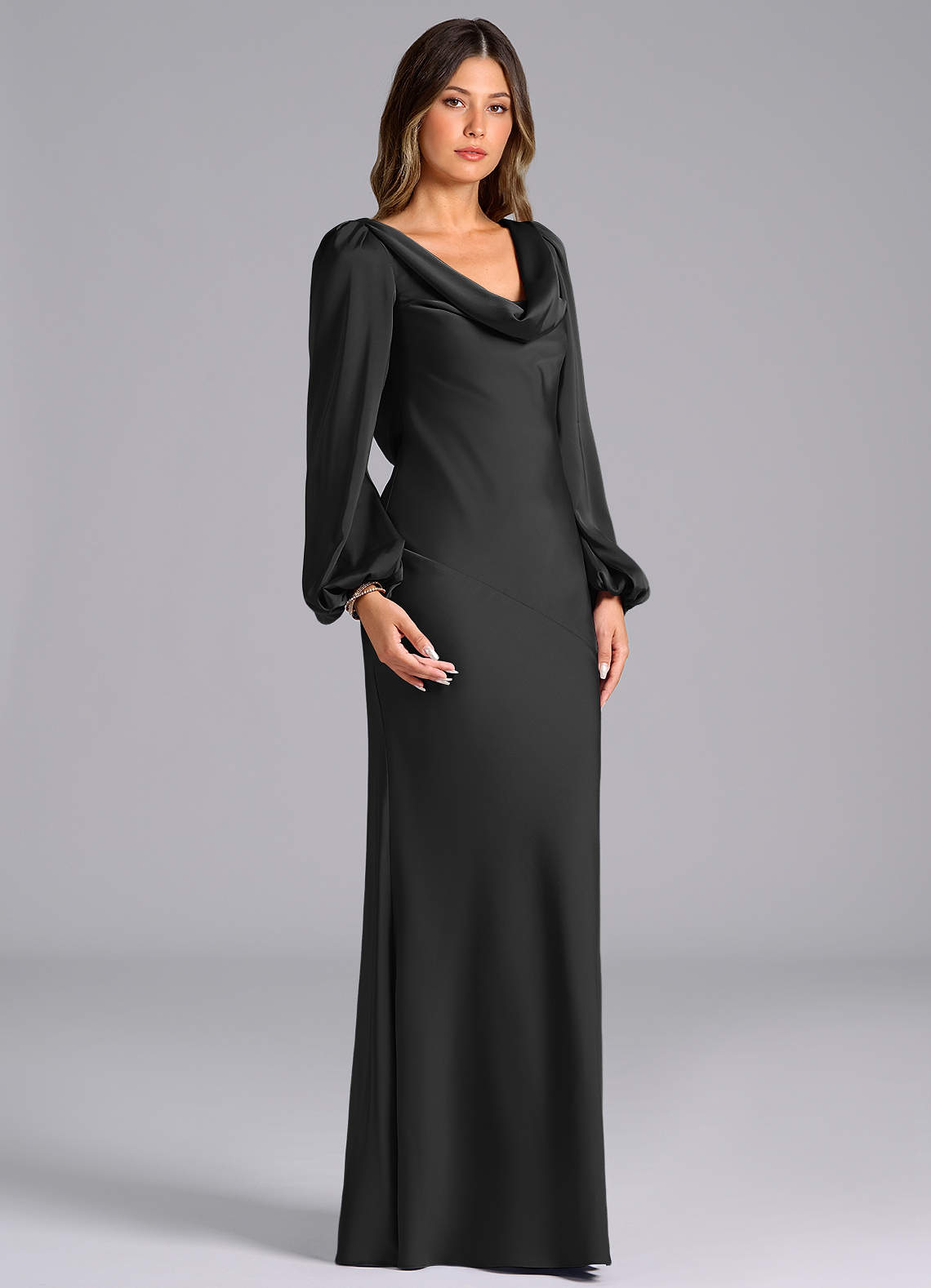 long sleeve black satin bridesmaid dresses Azazie Melani Wrap midi dress black The minimalist design is STYLE:A02233053 Buy Navy Blue Viscose
