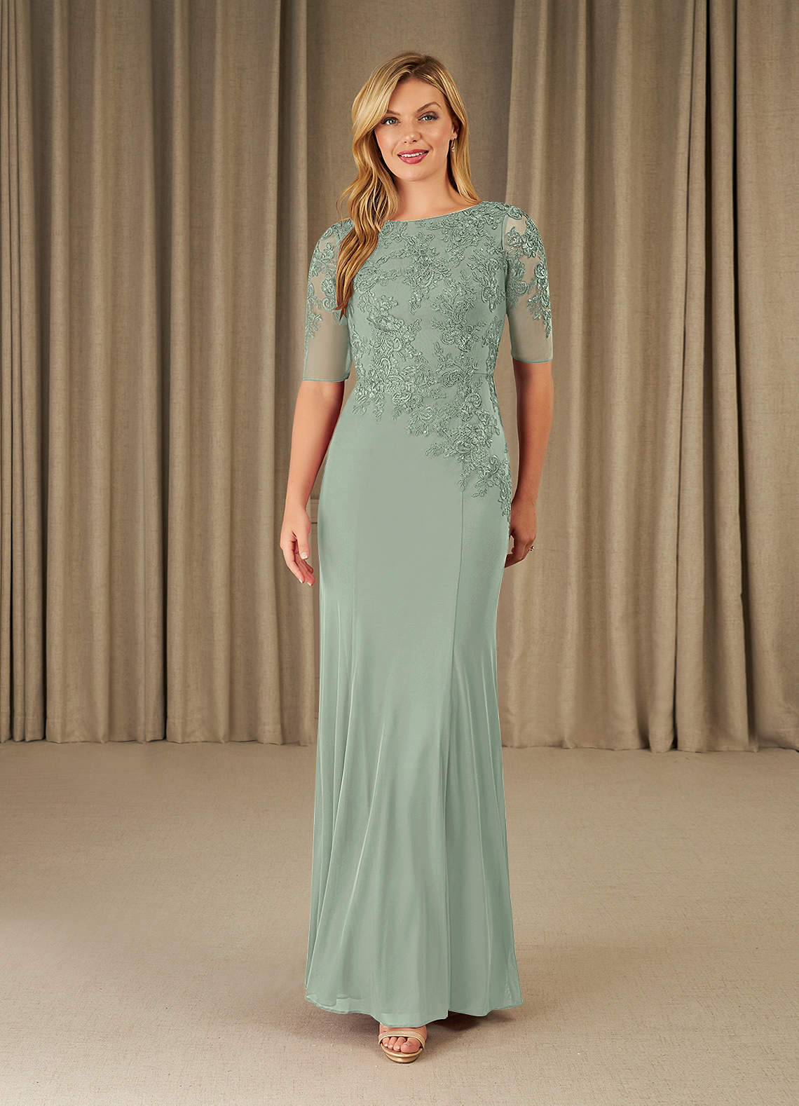 Cicinia V-neck Dusty Sage Mother Of The Bride Dress Plus Size Long A-line Tea Length Half Sleeves main image 1