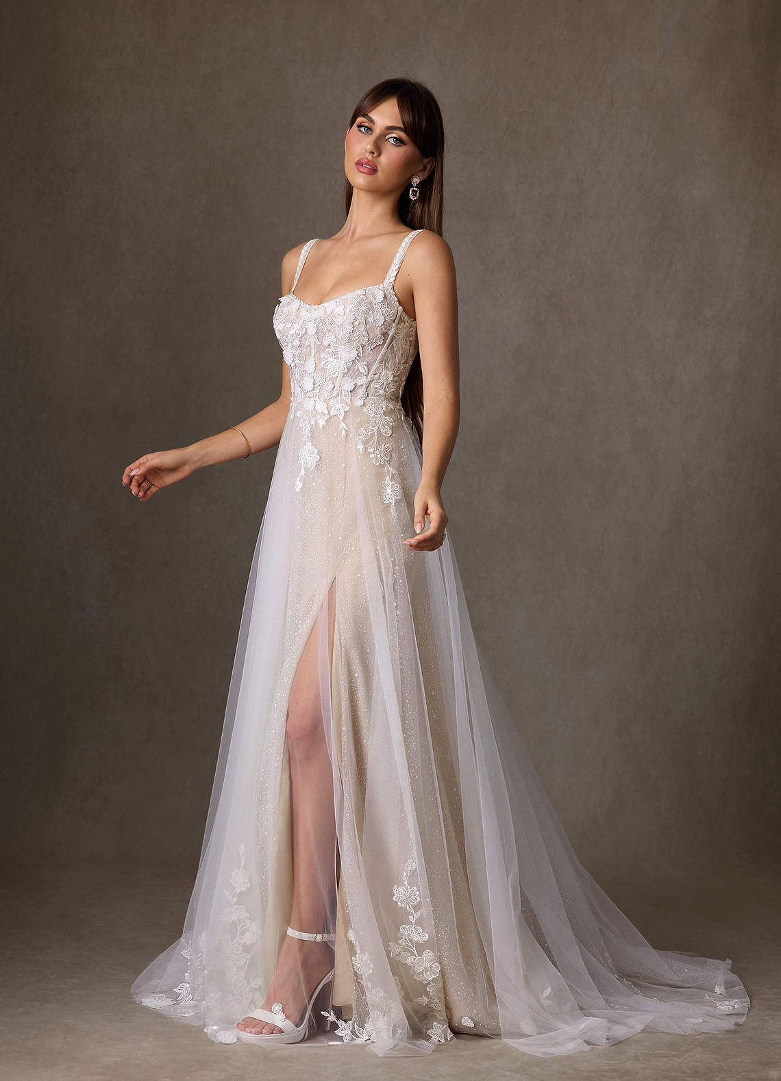 champagne high low wedding dress Off-Shoulder Floral Wedding Dress