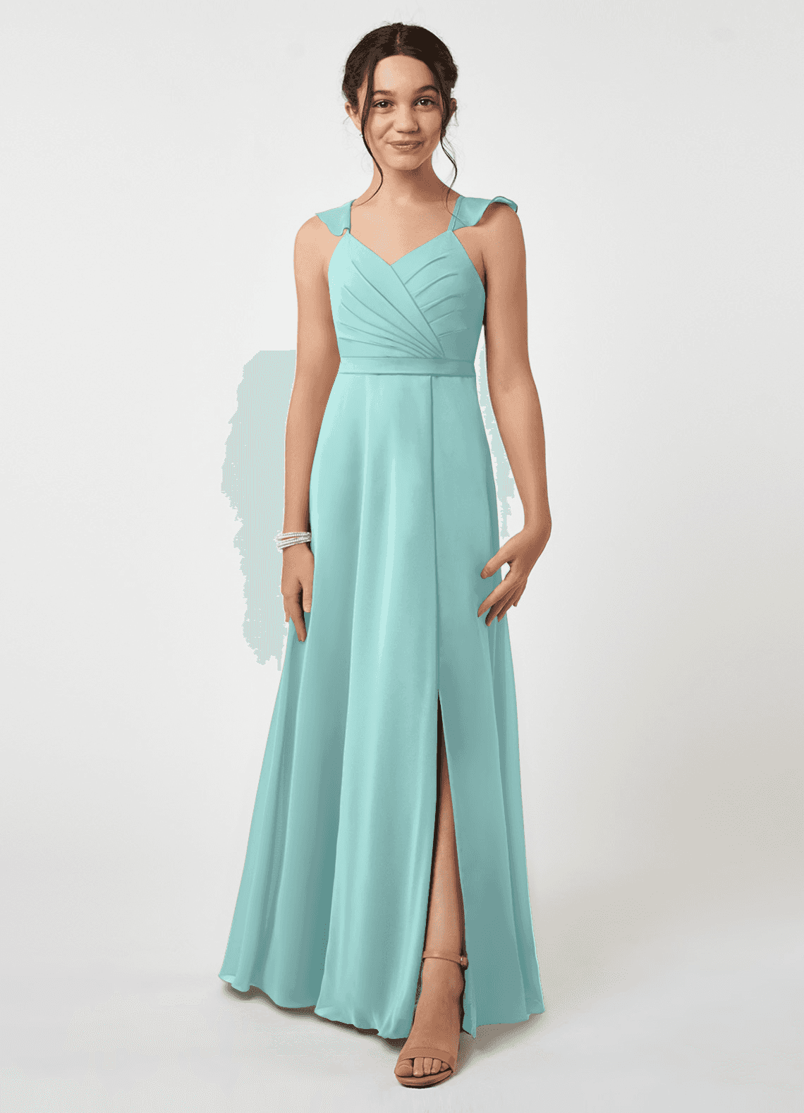 Azazie Emily Junior Aqua A-Line Ruched Chiffon Dress image1