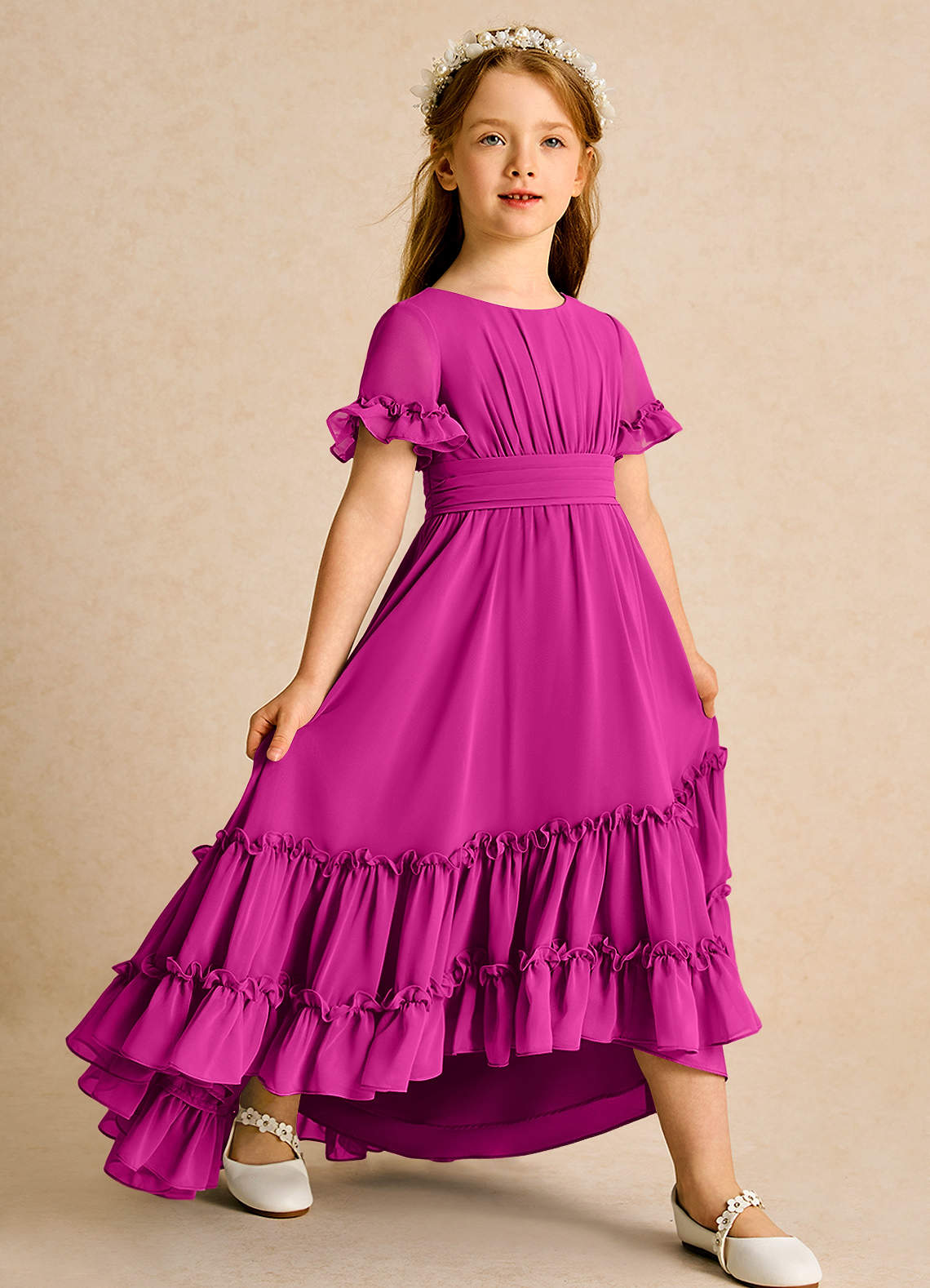 Azazie Kass Flower Girl Dresses Fuchsia A-Line Pleated Chiffon Dress image1