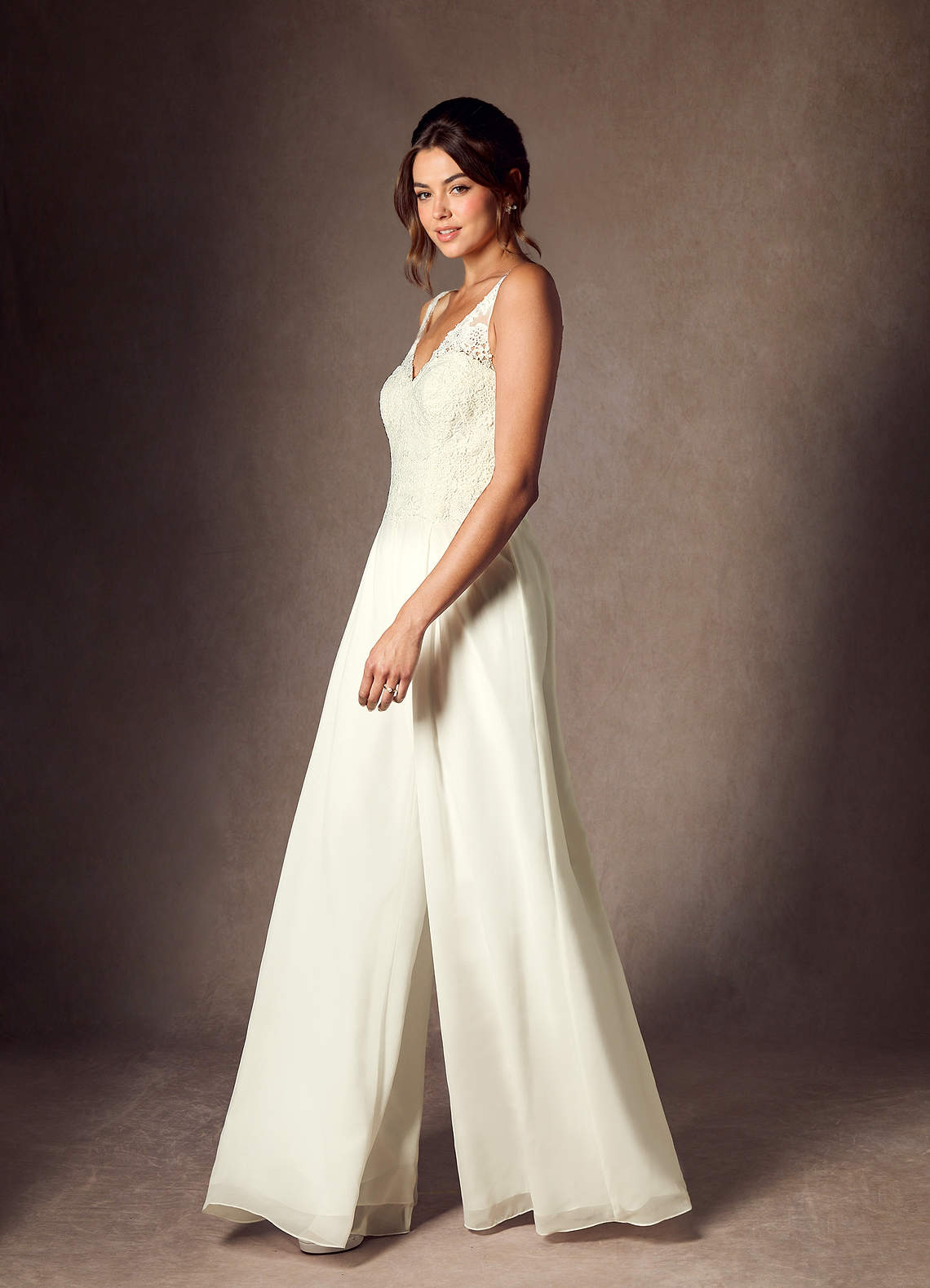 Azazie Florine Wedding Dresses Cream Pant Styles V-Neck Lace Chiffon Dress image1