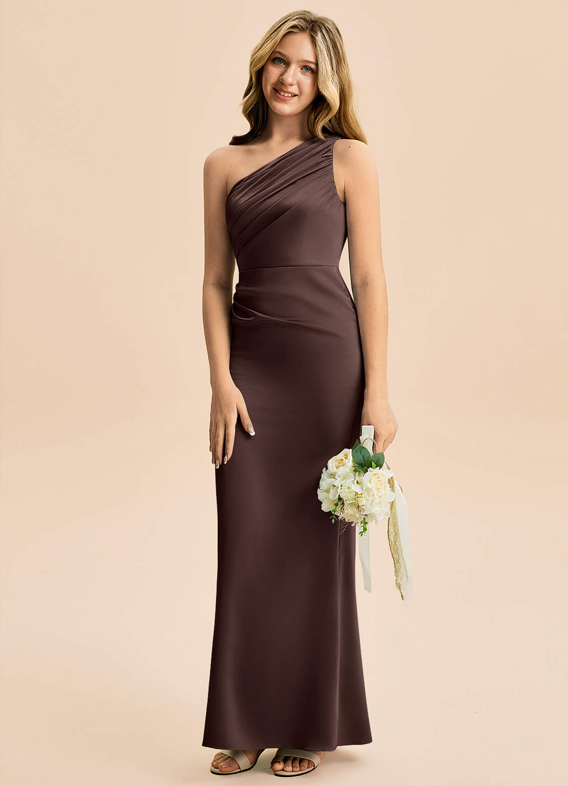 Azazie Akilah Junior Ganache Sheath Pleated Stretch Satin Dress image4