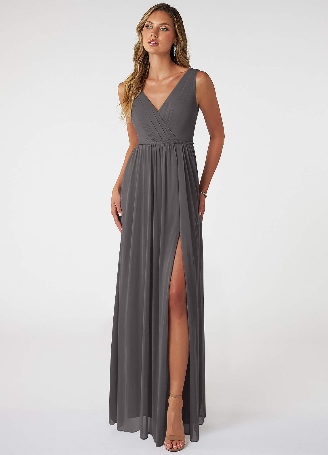 Azazie Tanicia Bridesmaid Dresses Steel Grey A-Line V-Neck Pleated Mesh Dress image1