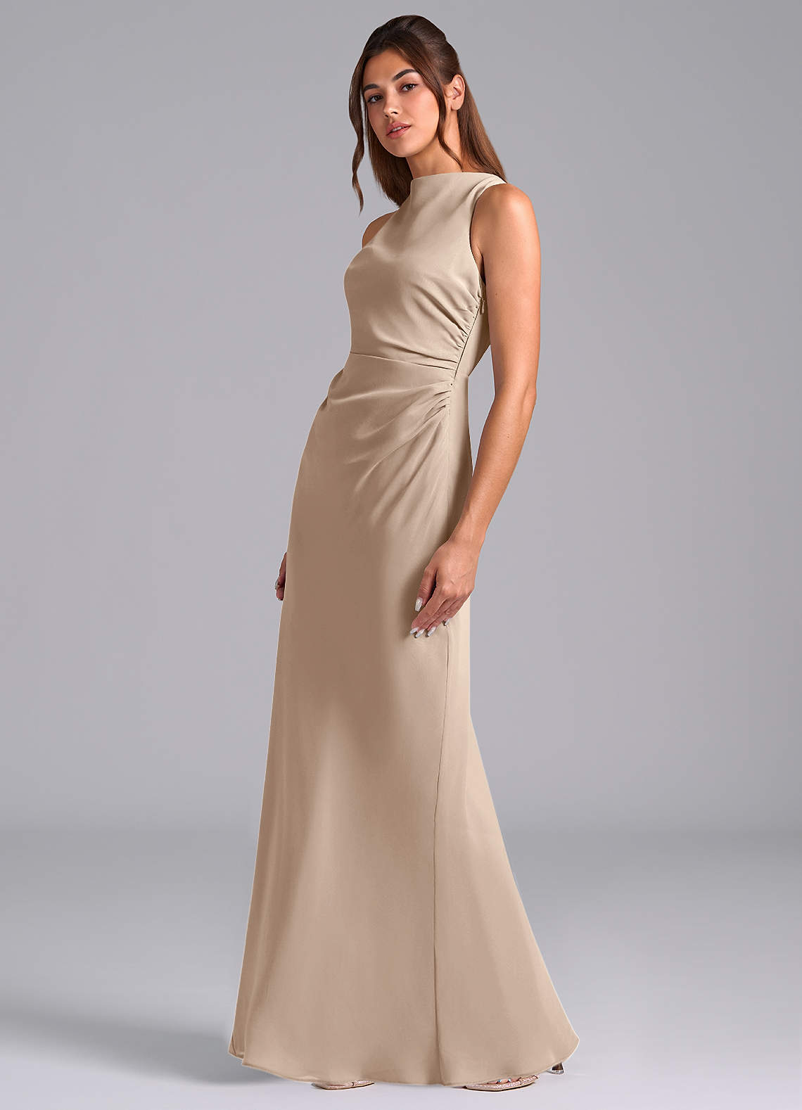 Azazie Evadne Brautjungfernkleider A-Linie Plissee Chiffon Kleid Taupe image1