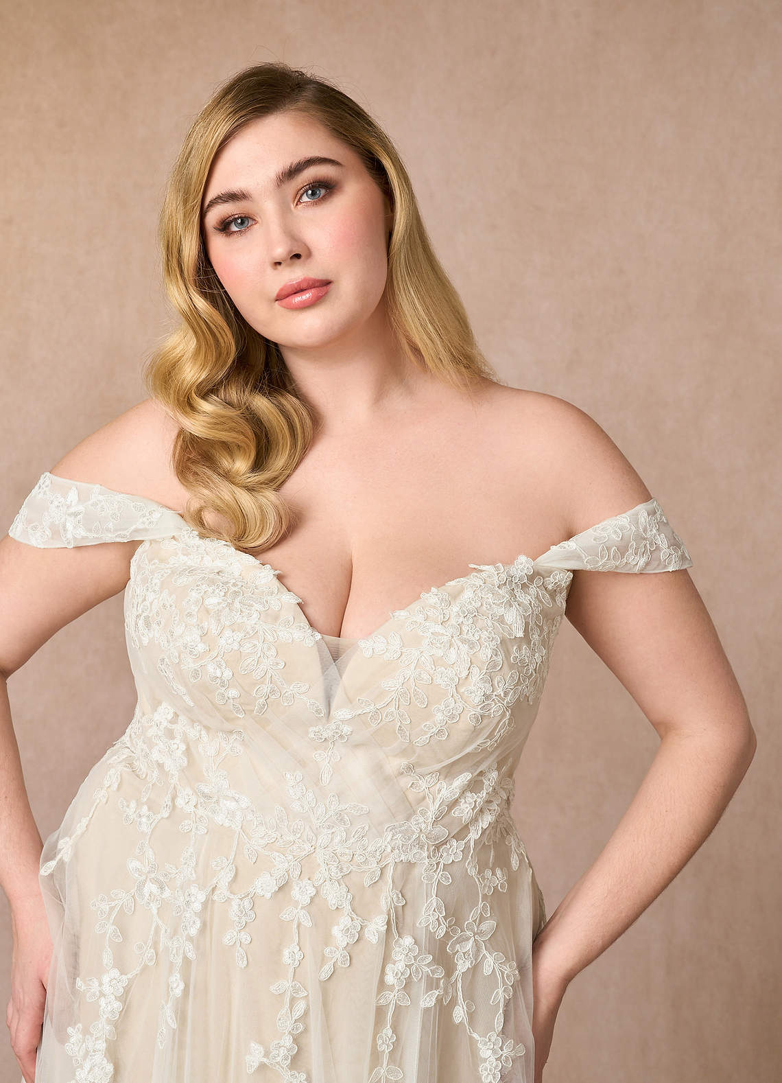 Azazie Botanica At-home Try On Dresses Diamond White Champagne A-Line Off the Shoulder Tulle Dress image10