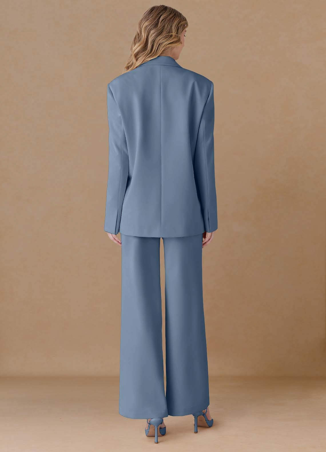 front Amelia Azul Empoeirado Terno de duas peças oversized de alta performance com tecido refinado