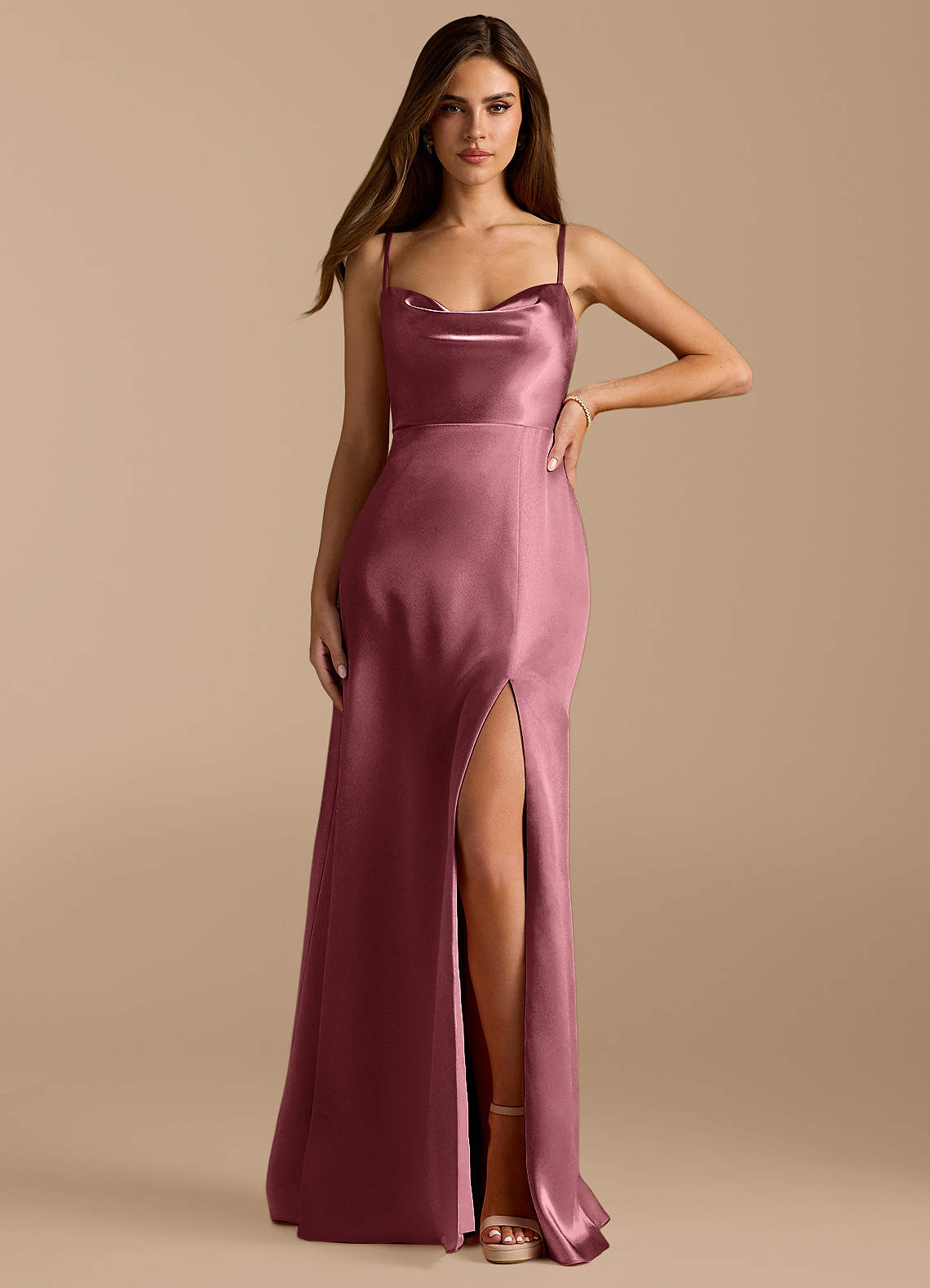 Azazie Erma Bridesmaid Dresses Desert Rose A-Line Side Slit Metallic Satin Dress image1