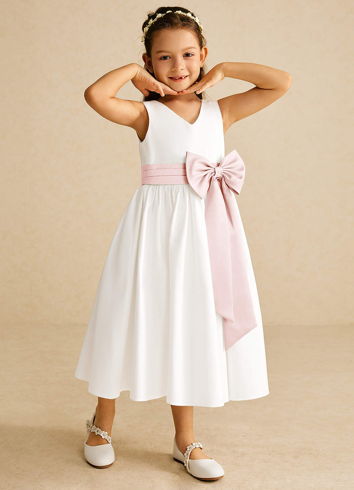 Azazie Darling Flower Girl Dresses Ivory Blushing Pink A-Line Bow Cotton Dress image1