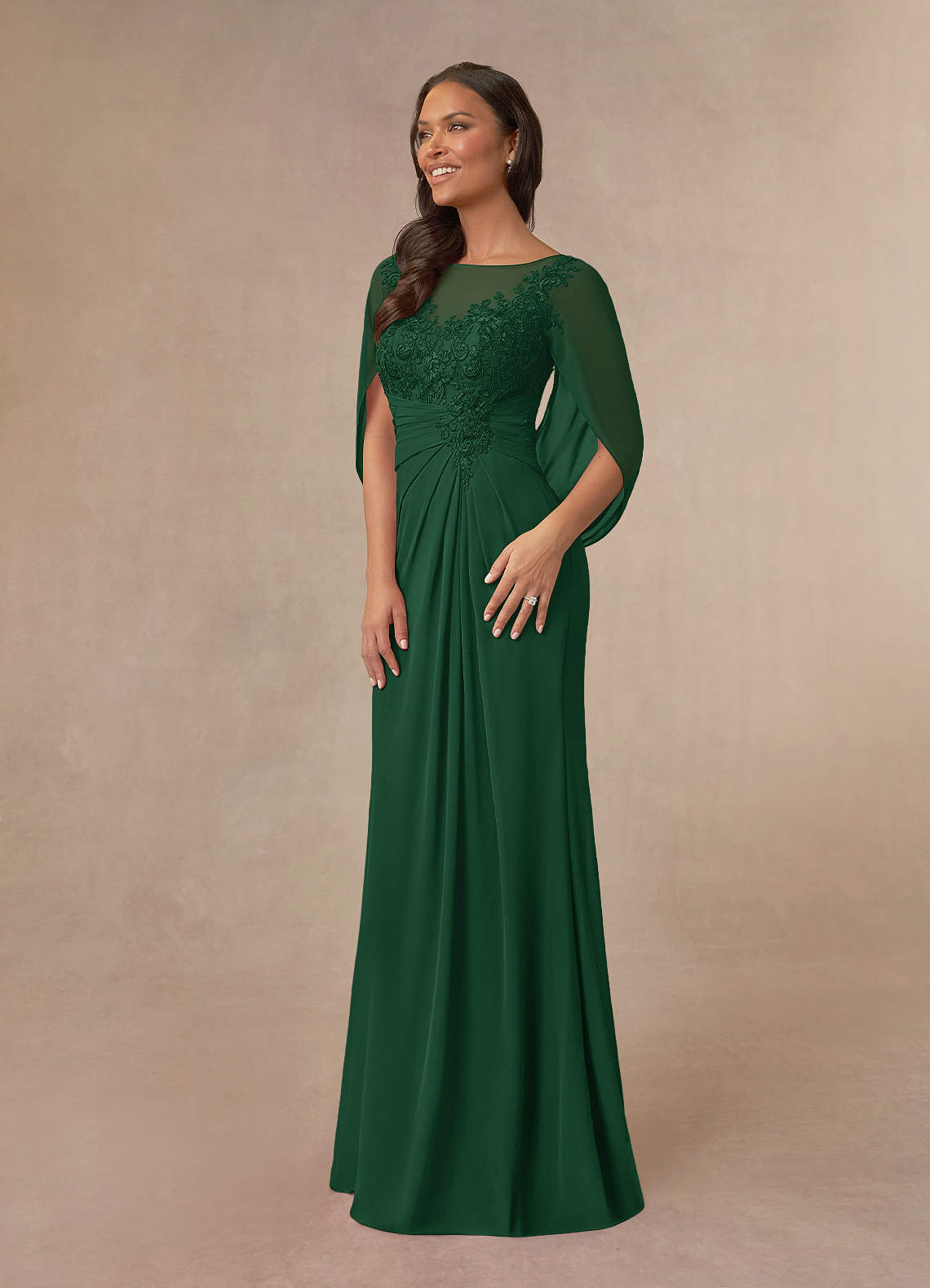 Azazie Hera Mother of the Bride Dresses Dark Green A-Line Lace Capelet Chiffon Dress image1