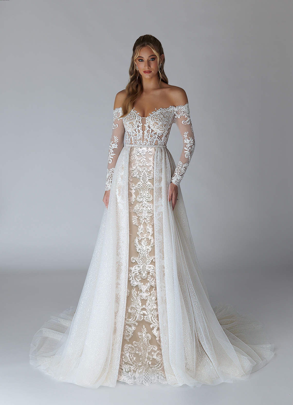 Azazie Solaris Wedding Dresses Diamond White Nude A-Line V-Neck Sequins Tulle Dress image1
