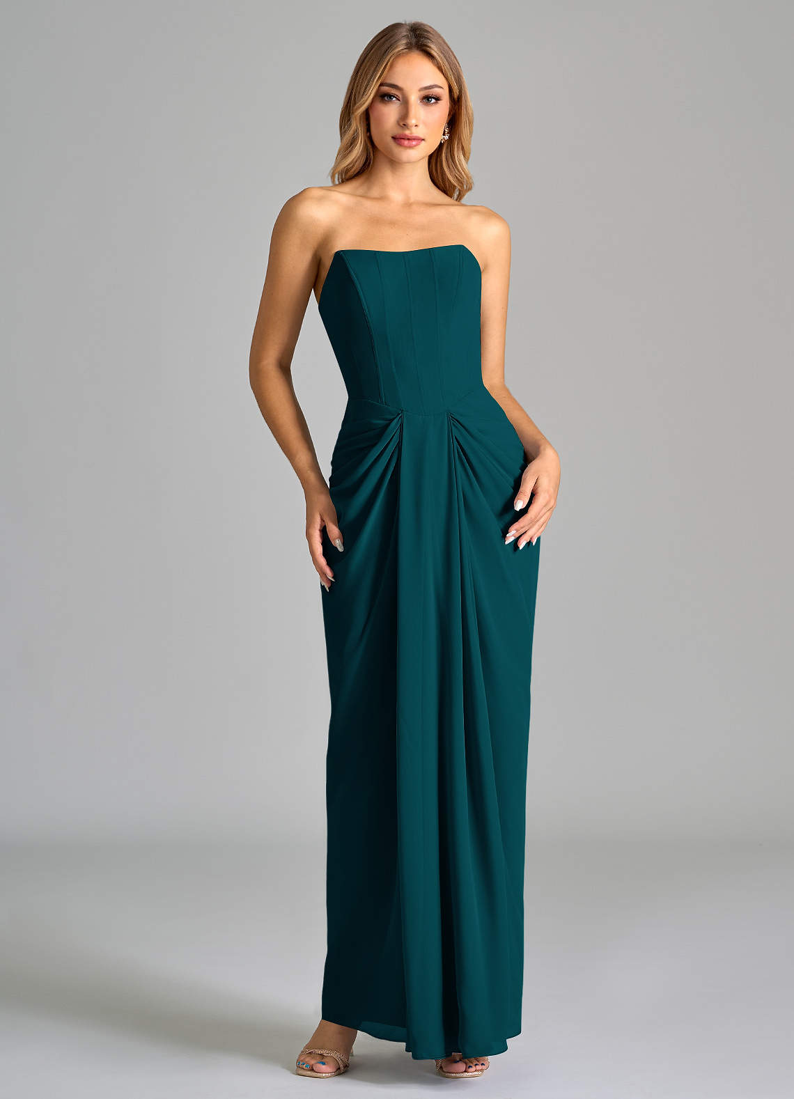 Azazie Anaïs Bridesmaid Dresses Pine Sheath Strapless Chiffon Dress image1