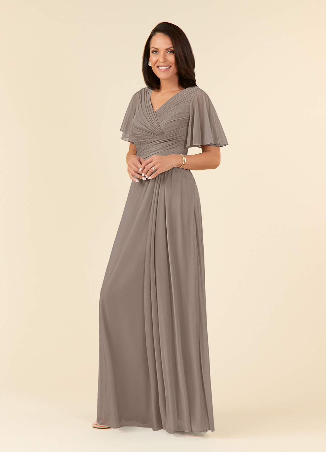 Azazie Emmeline Taupe A-Line V-Neck Pleated Mesh Dress | Azazie