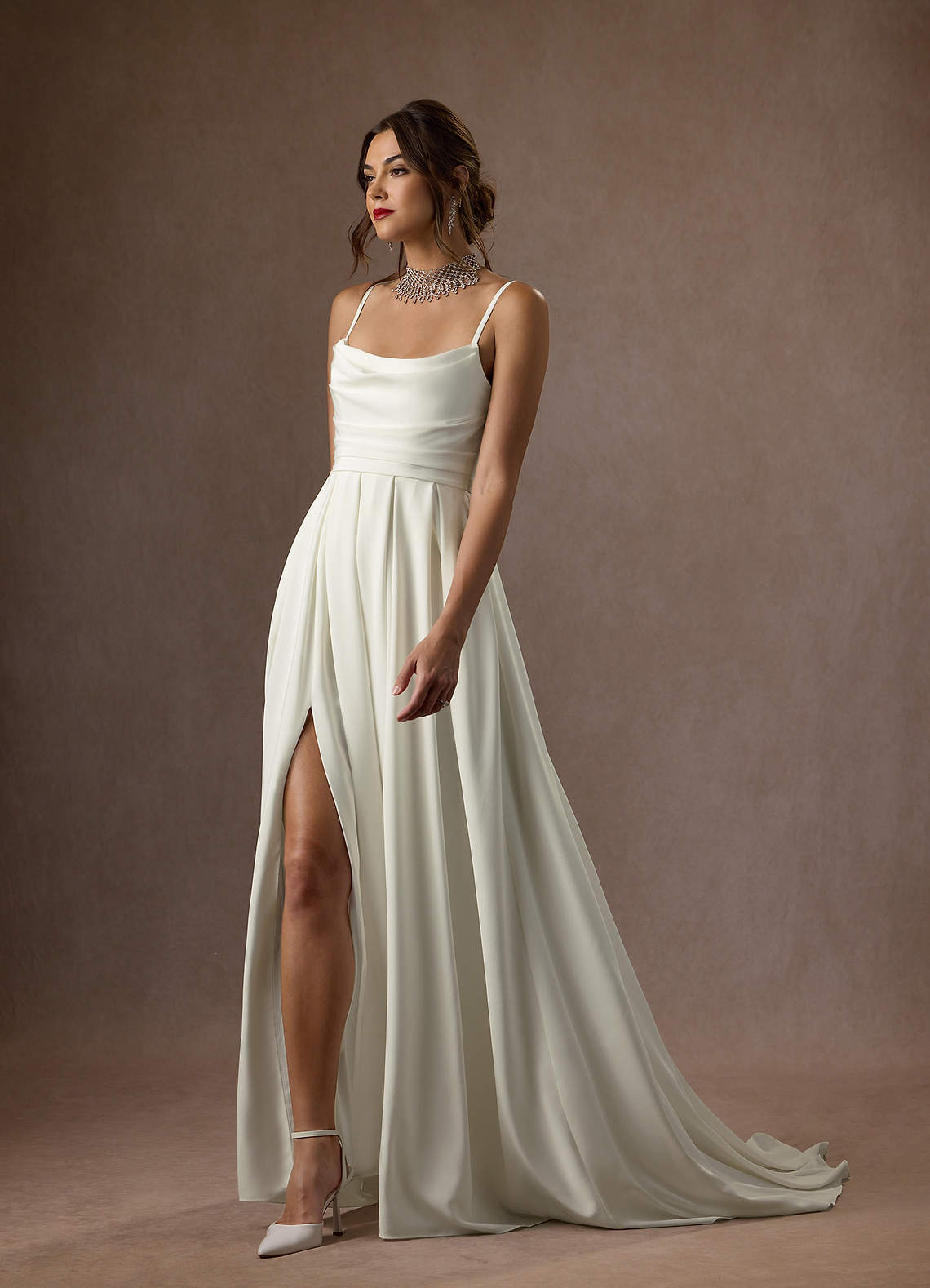 Azazie Caymus Cream A-Line Scoop Pleated Crepe Back Satin Dress