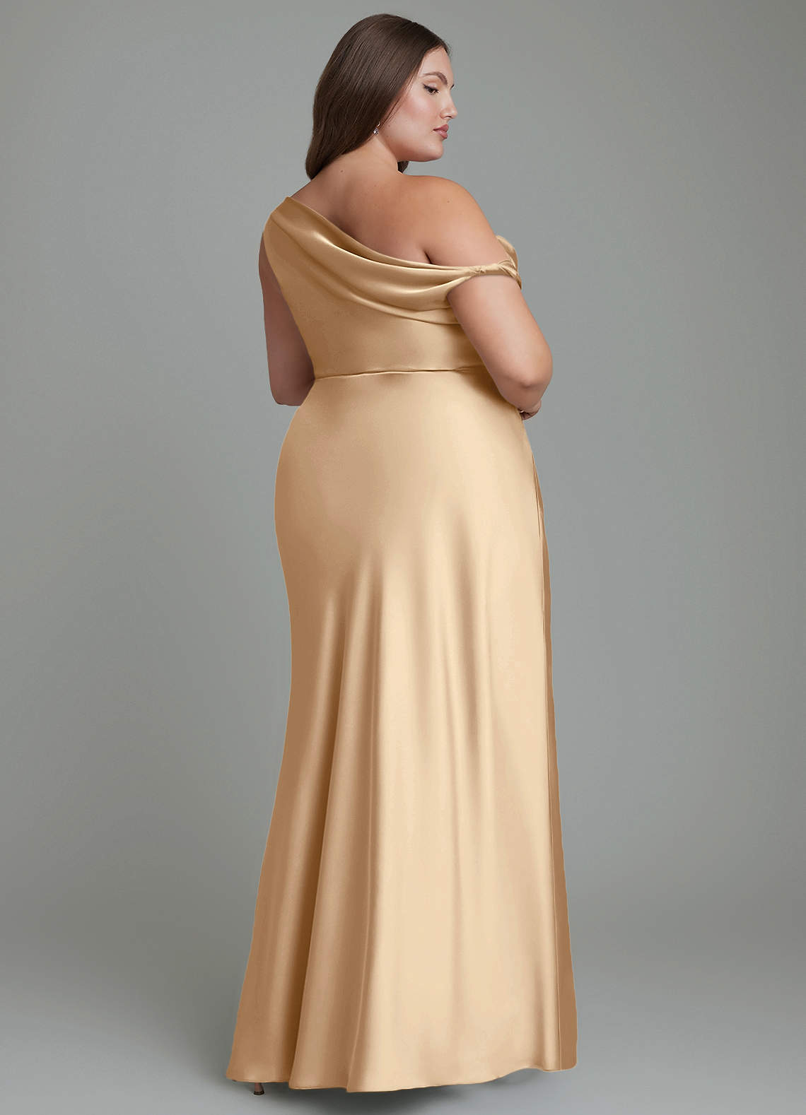 Azazie Emerson Bridesmaid Dresses Champagne Mermaid Off the Shoulder Stretch Satin Dress image8