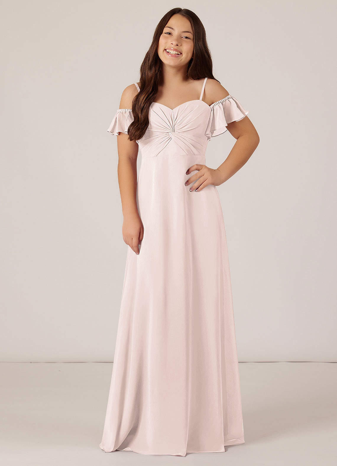 Azazie Juna Junior Robe Trapèze en Mousseline de soie Épaule décolletée Rose Pétale image1