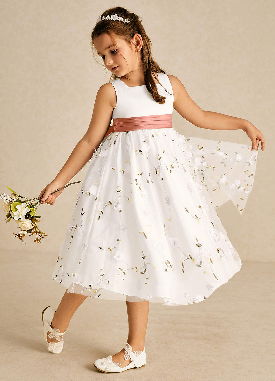 Azazie Pollie vestidos de niña de las flores Vestido de Marfil Mai Tai de Tul de Corte En A con Lazo image1