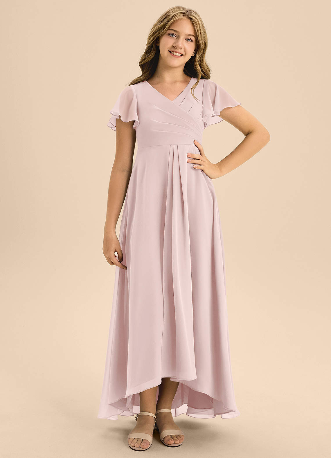 Azazie Induh Junior Blushing Pink A-Line Pleated Chiffon Dress image1