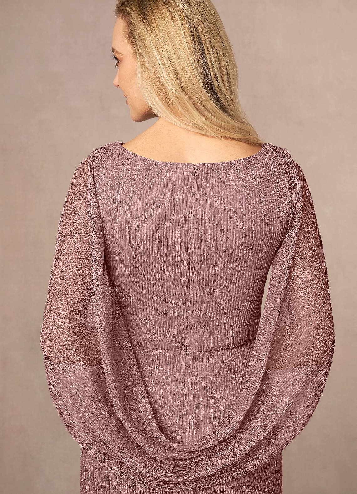 Azazie Paige Mother of the Bride Dresses Dusty Rose Sheath Pleated Cape Metallic Mesh Dress image4