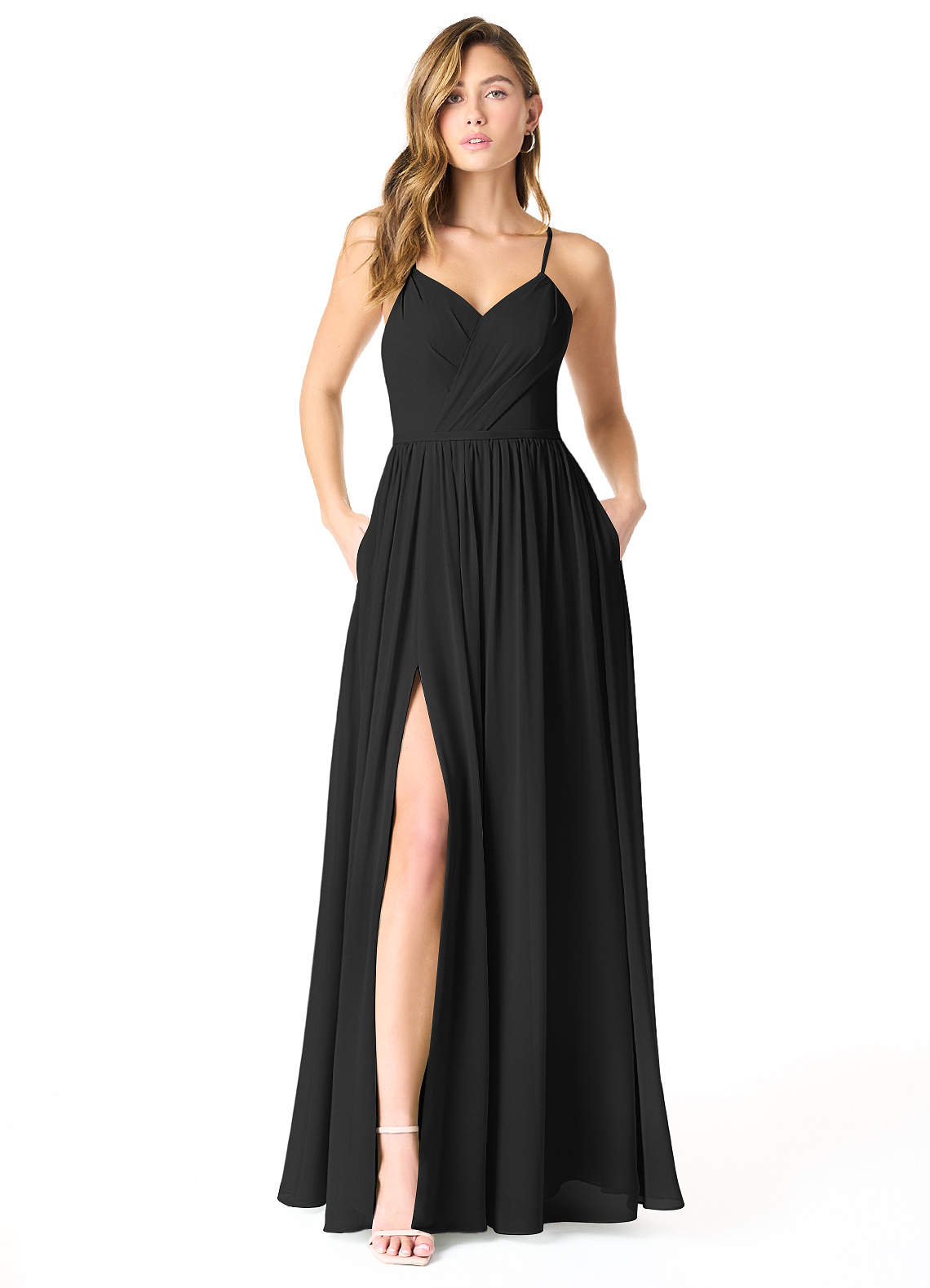 Azazie Cora Vestidos de damas de honor Vestido de Negro de Gasa de Corte en A con Plisado image1