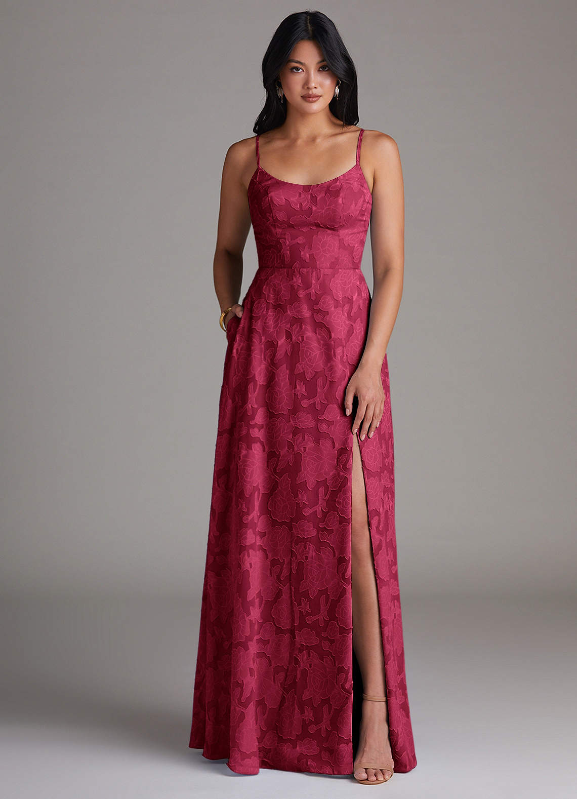 Azazie Moira Bridesmaid Dresses Burgundy A-Line Side Slit Floral Burnout Dress image1