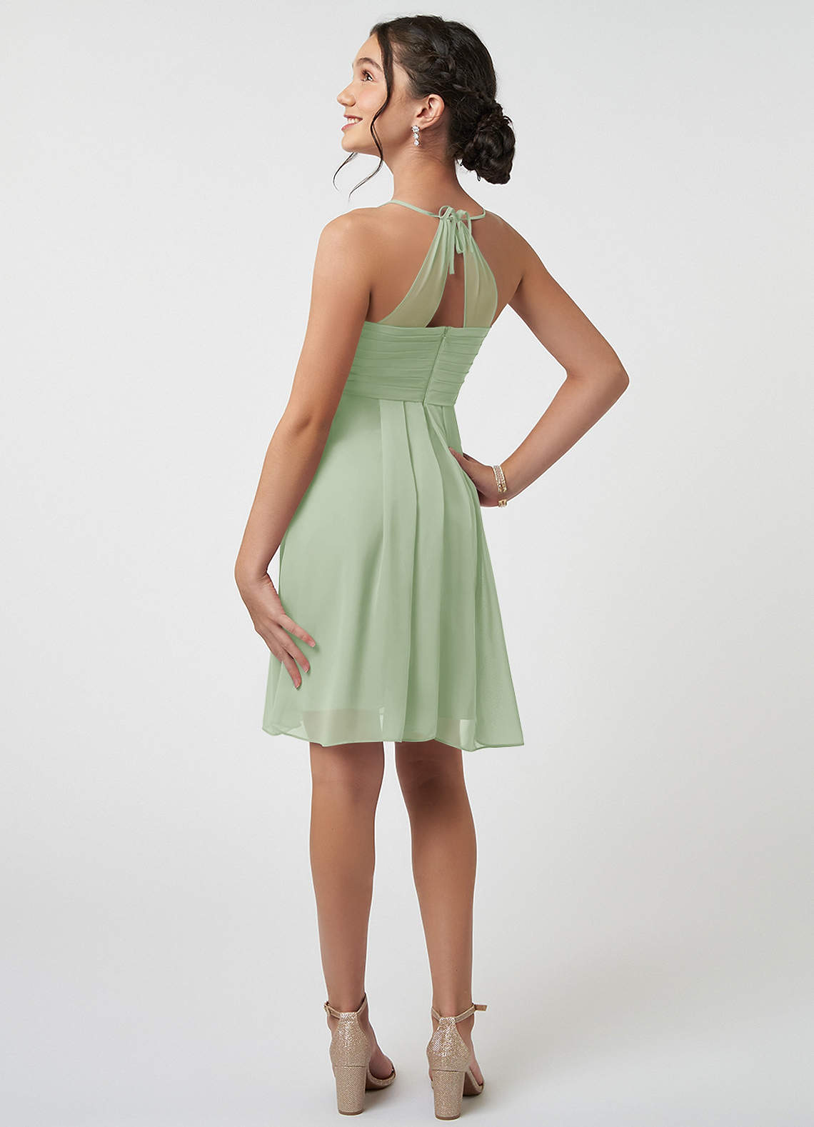 Azazie Ginny Junior Dusty Sage A-Line Pleated Chiffon Dress image3