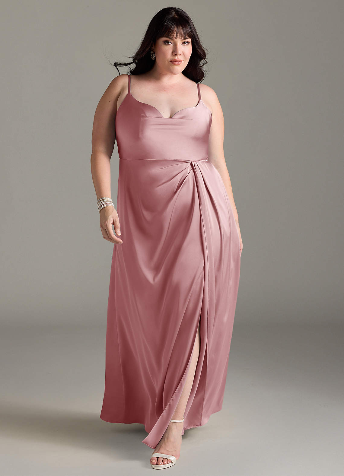 Azazie Brielle Abiti da Damigella Abito A-Line in Raso Elasticizzato con Scollo a Cappuccio e Spalline Sottili Rosa Polverosa image7