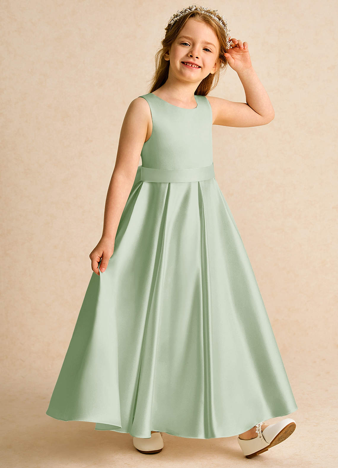 Azazie Cherry Flower Girl Dresses Dusty Sage Dusty Sage Ball-Gown Pleated Matte Satin Dress image4