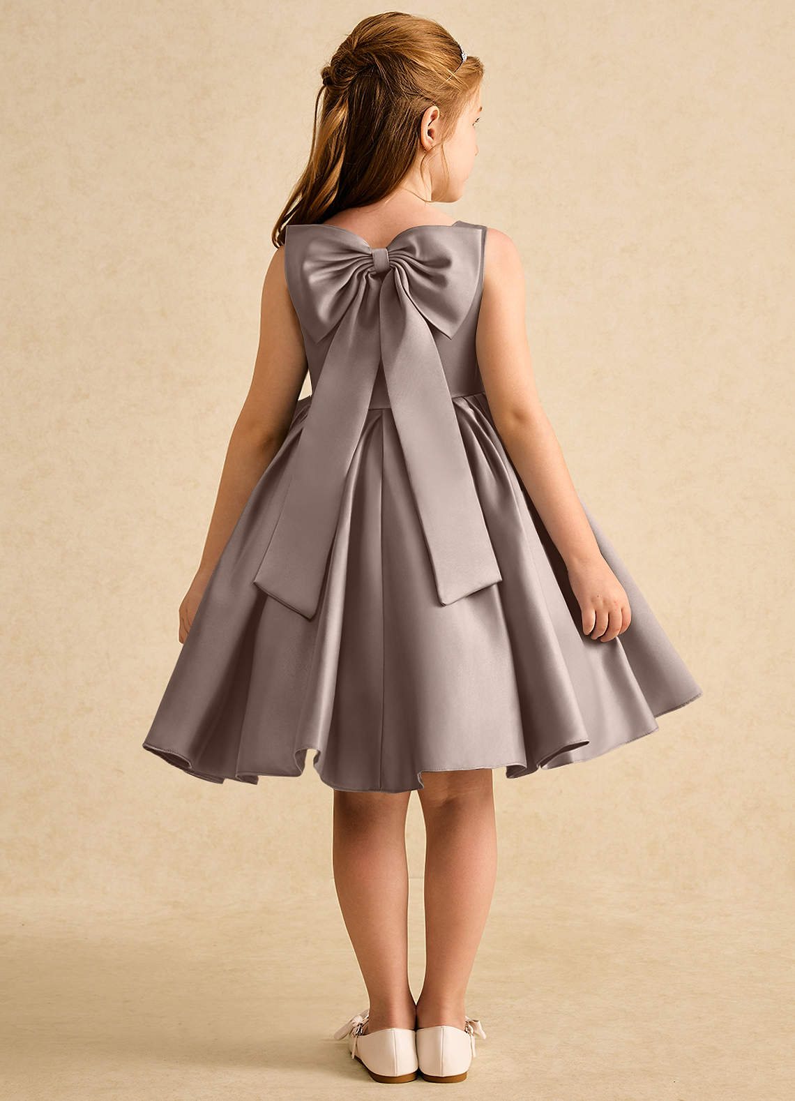 Azazie Jessie Flower Girl Dresses Taupe A-Line Bow Matte Satin Dress image1