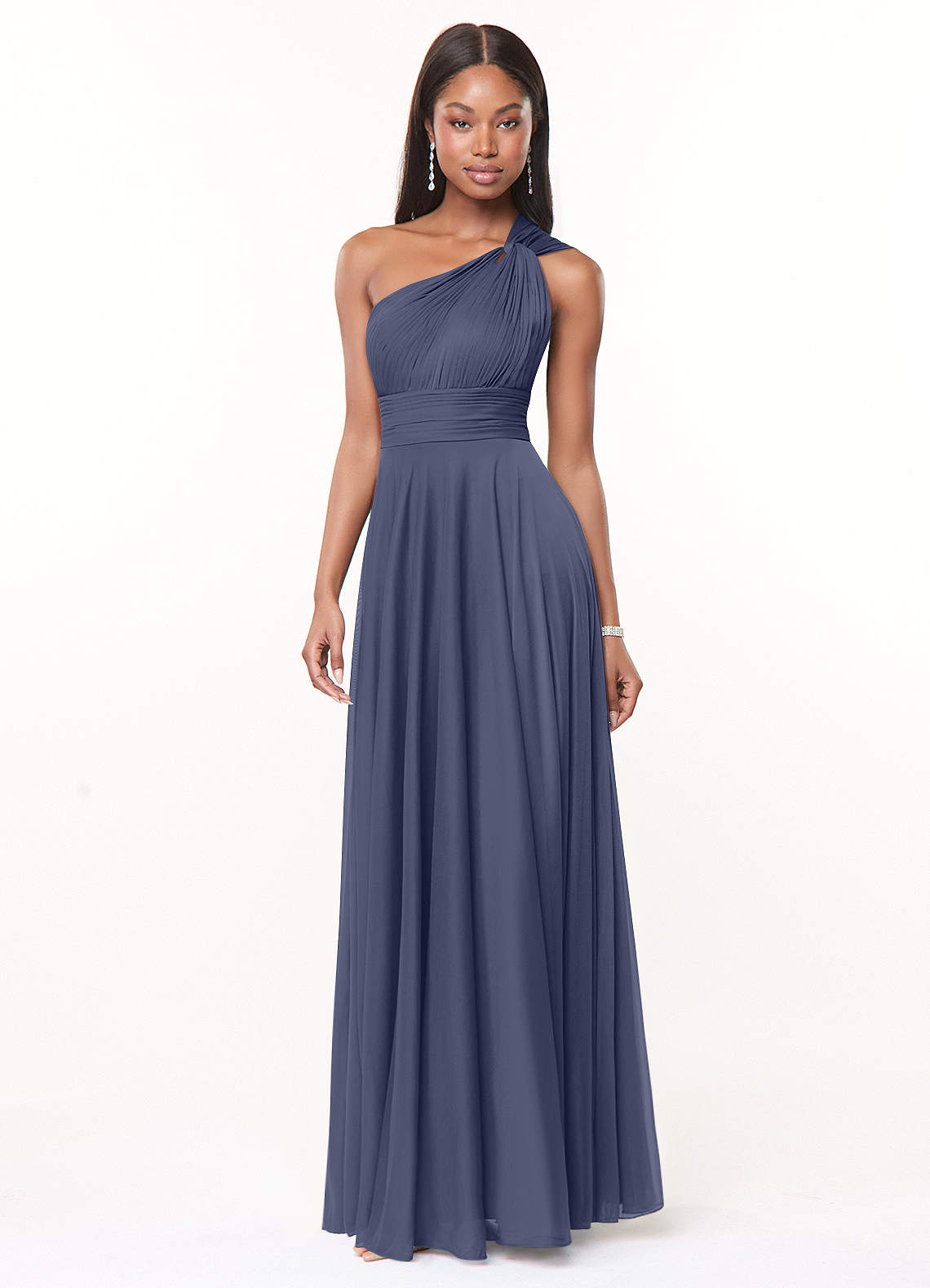 Azazie Charlize Bridesmaid Dresses Stormy A-Line One Shoulder Mesh Dress image2