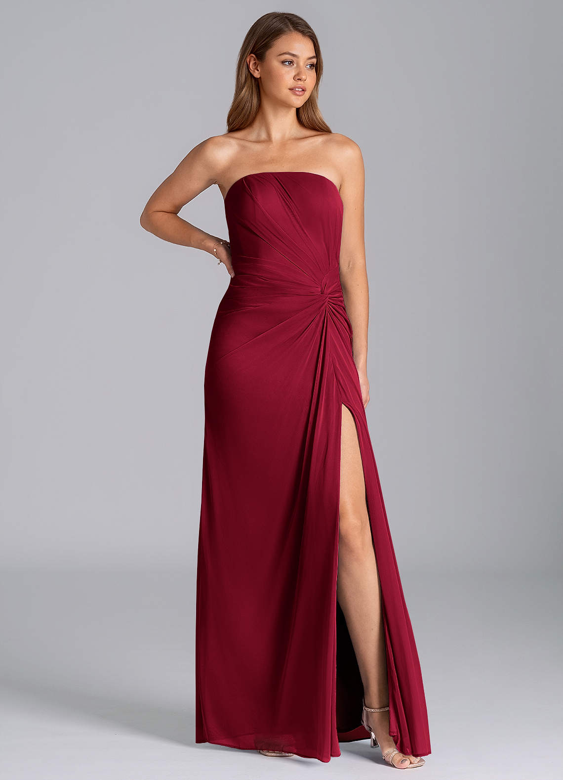 Azazie Mariya Bridesmaid Dresses Burgundy Mermaid Strapless Mesh Dress image1