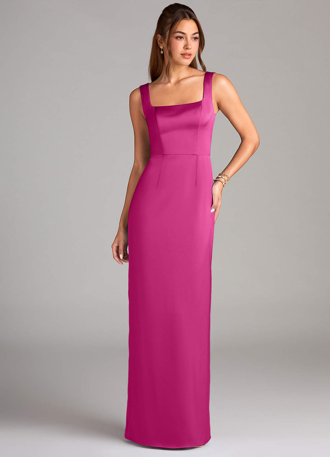 Azazie Flori Bridesmaid Dresses Fuchsia Sheath Side Slit Stretch Satin Dress image1