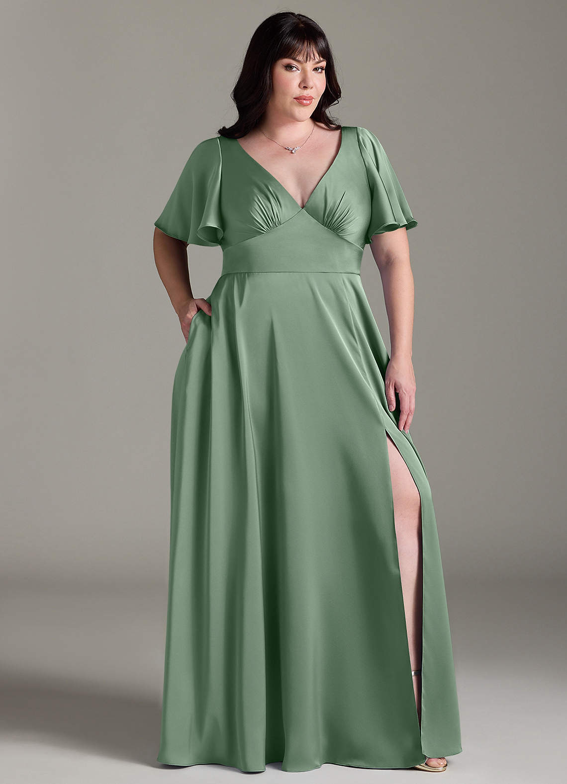 azazie matcha bridesmaid dresses Azazie Plus Size A-Line V-Neck Floor-Length Stretch Satin Bridesmaid Dresses