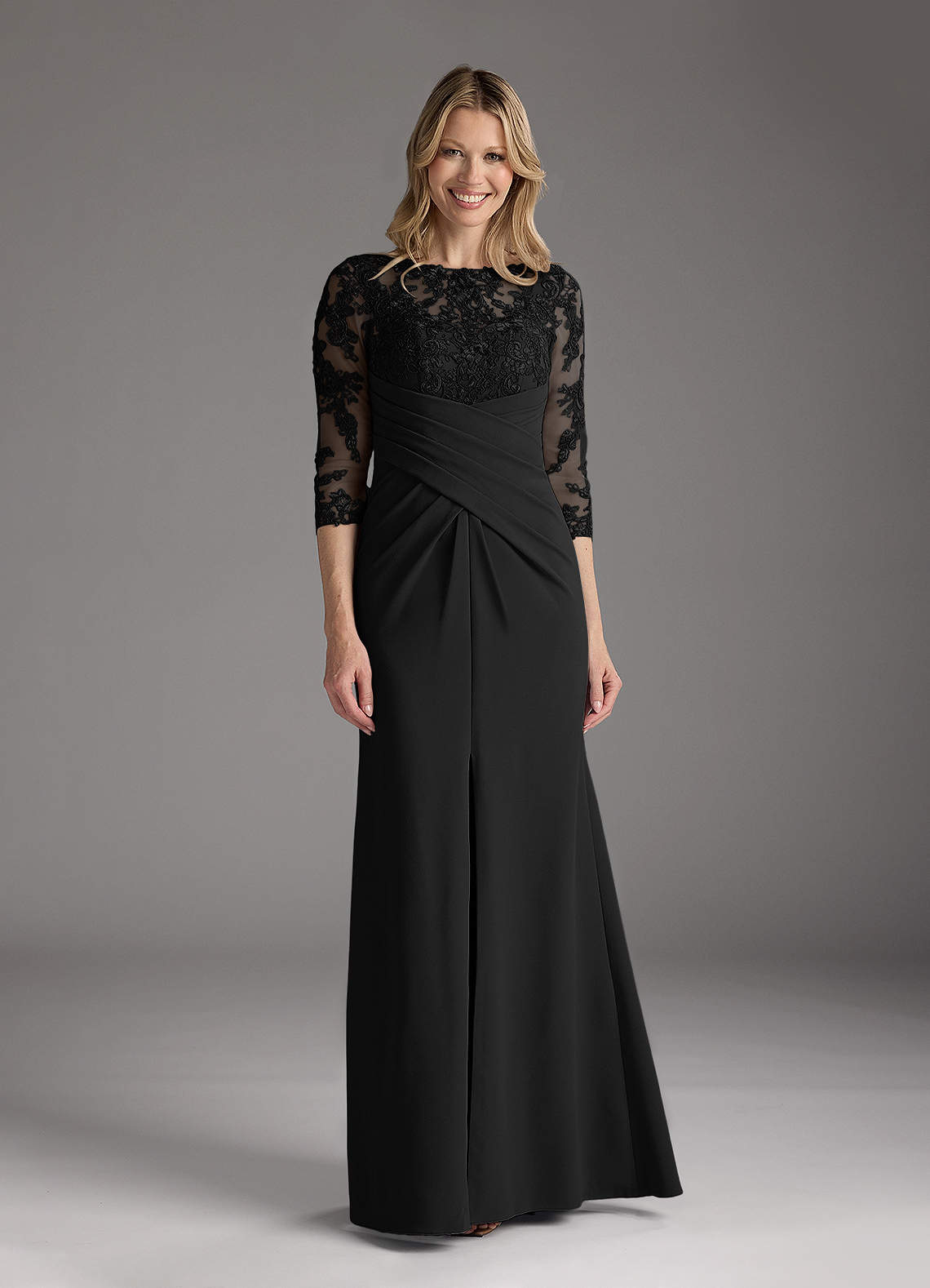 Azazie Margene Black Sheath Lace Stretch Crepe Dress | Azazie