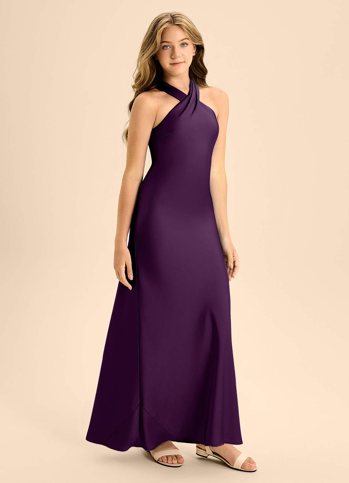 Azazie Doretta Junior Grape A-Line Pleated Stretch Satin Dress image5
