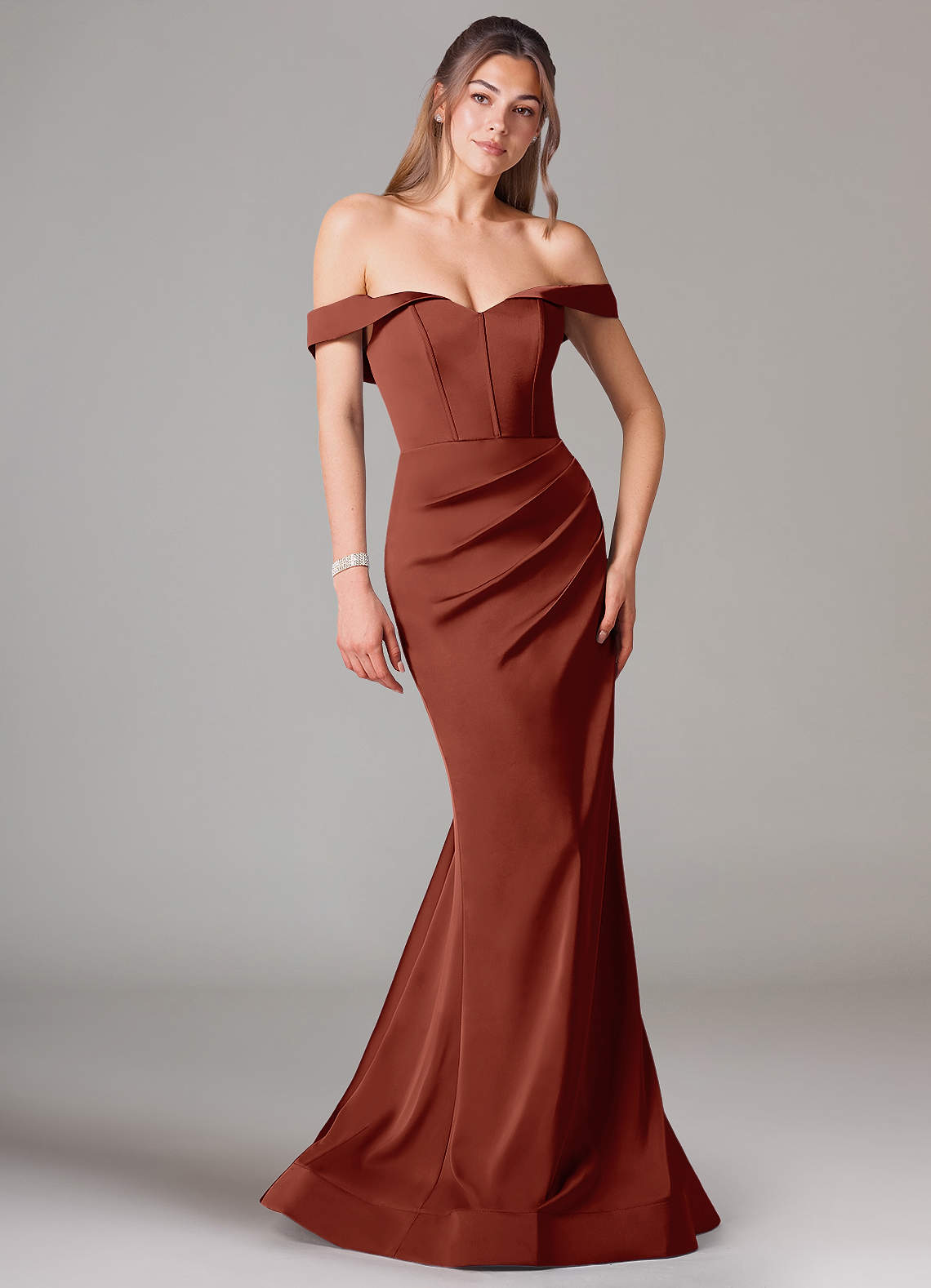 Azazie Everly Bridesmaid Dresses Auburn Mermaid Off the Shoulder Stretch Satin Convertible Dress image1