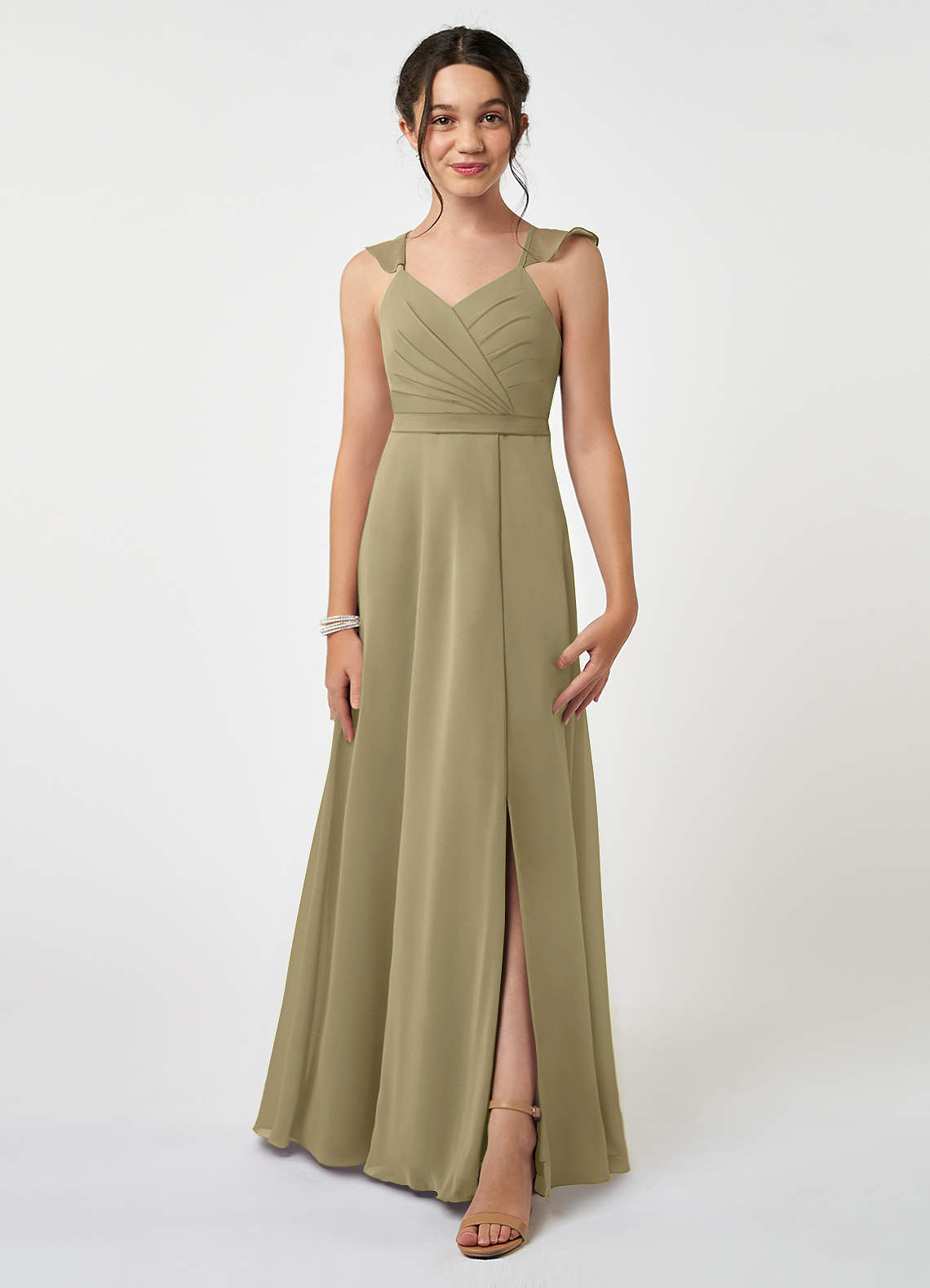 Azazie Emily Junior Moss Green A-Line Ruched Chiffon Dress image1