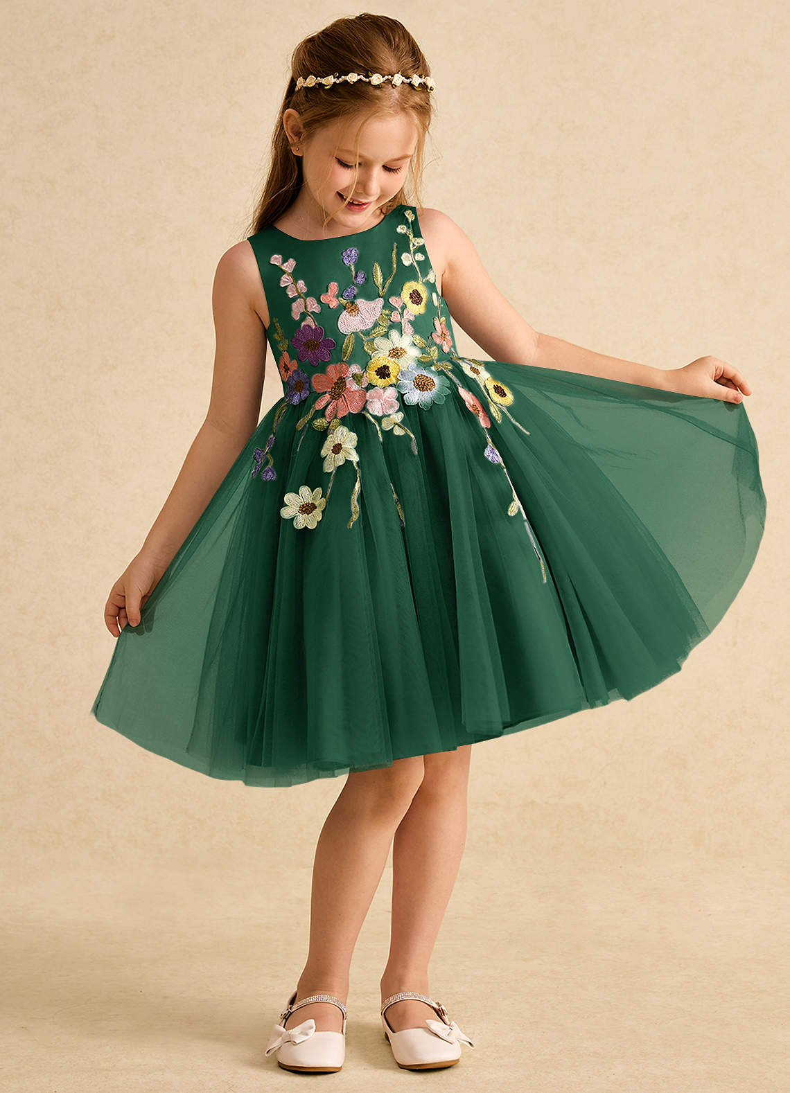 Azazie Prima Flower Girl Dresses Dark Green A-Line Bow Tulle Dress image2