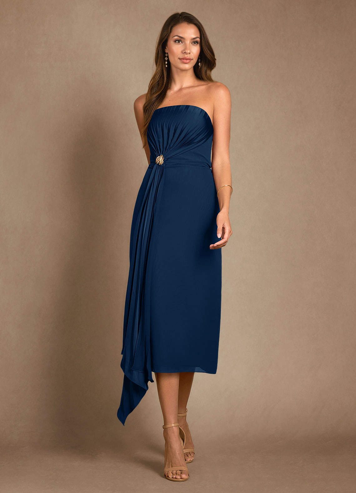 Azazie Dinanta vestidos de madre de la novia Vestido de Azul Marino Oscuro de Gasa de Columna con Plisado image5