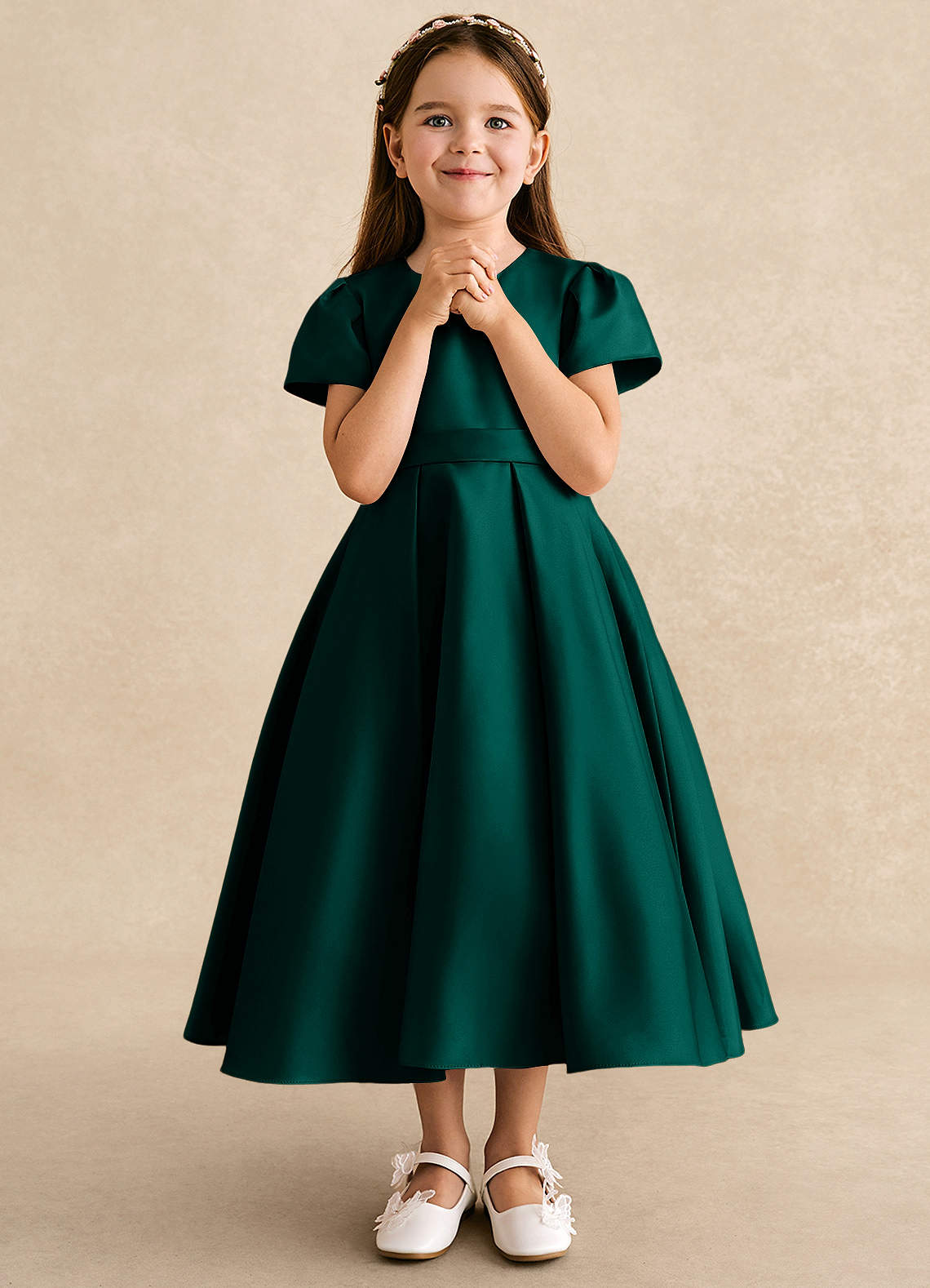 Azazie Princess Flower Girl Dresses Pine A-Line Pleated Matte Satin Dress image3