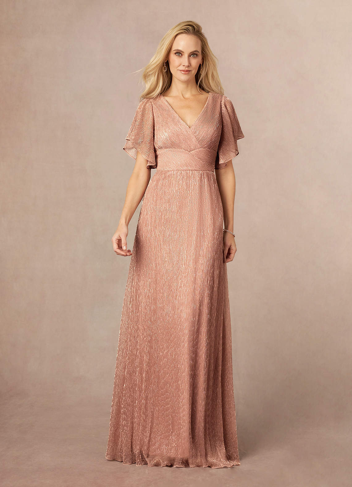 Azazie Kathryn Mother of the Bride Dresses Rose Gold A-Line V-Neck Flutter Sleeve Metallic Mesh Dress image1