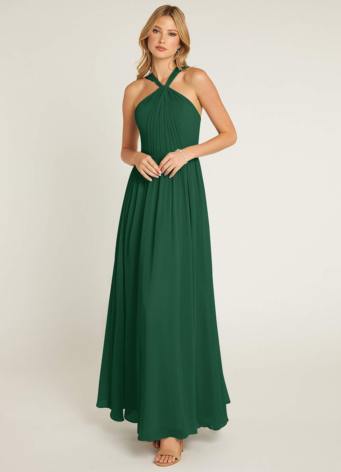 Azazie Jacey Vestidos de damas de honor Vestido de Verde Oscuro de Gasa de Corte en A con Plisado image1