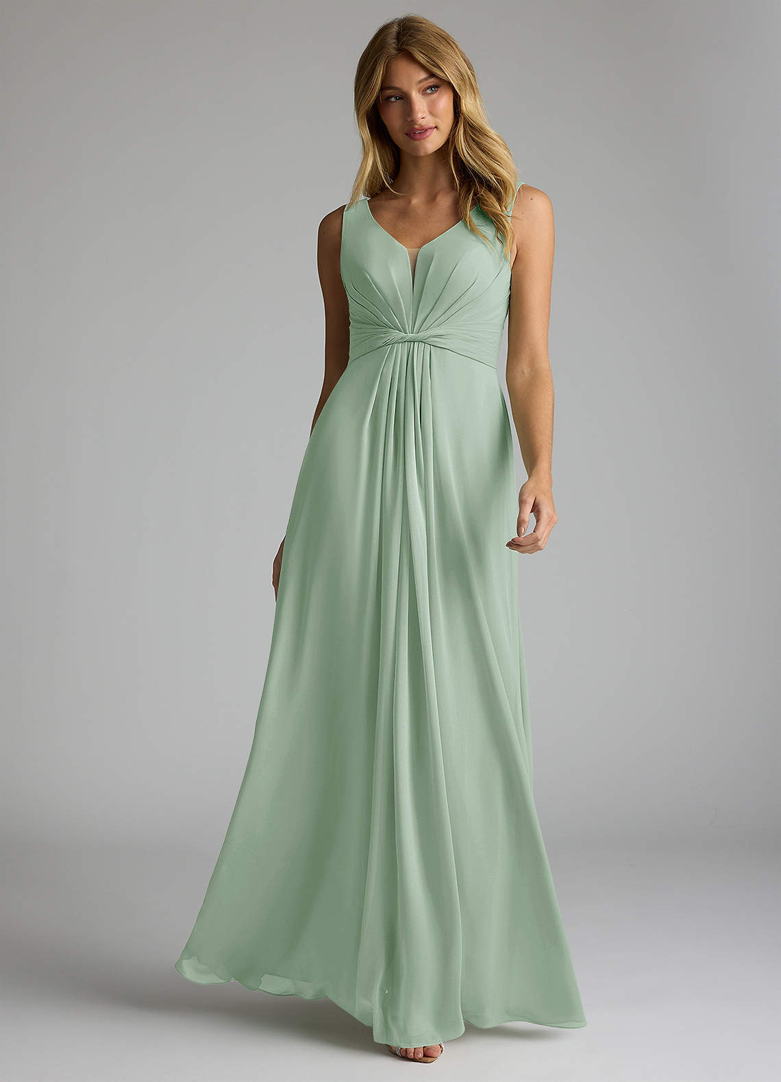 Azazie Gina Brautjungfernkleider A-Linie V-Hals Gefaltet Chiffon Kleid Agave image1
