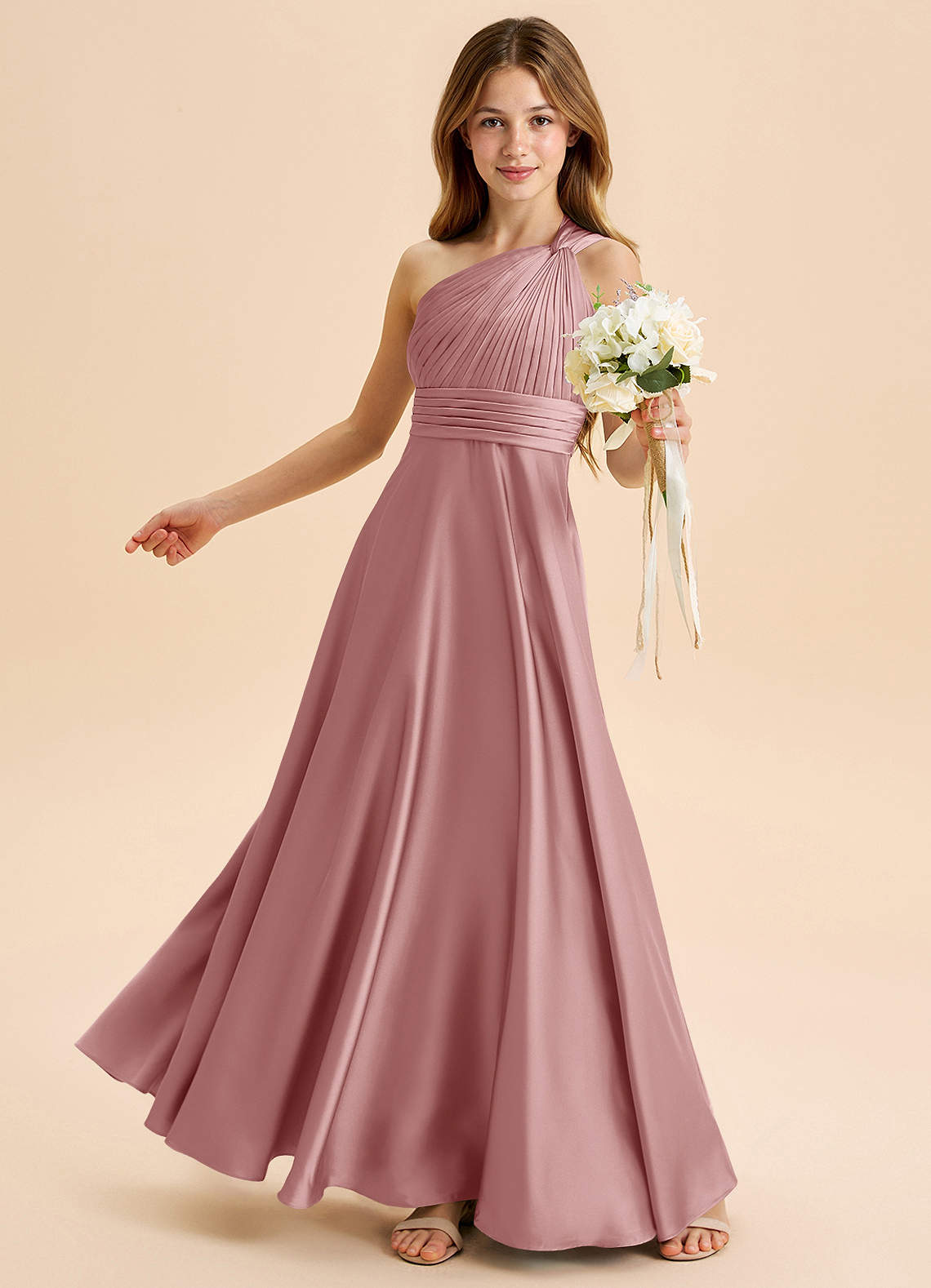 Azazie Charlize Junior Klä av A-Line i Stretch Satin Plisserad image3